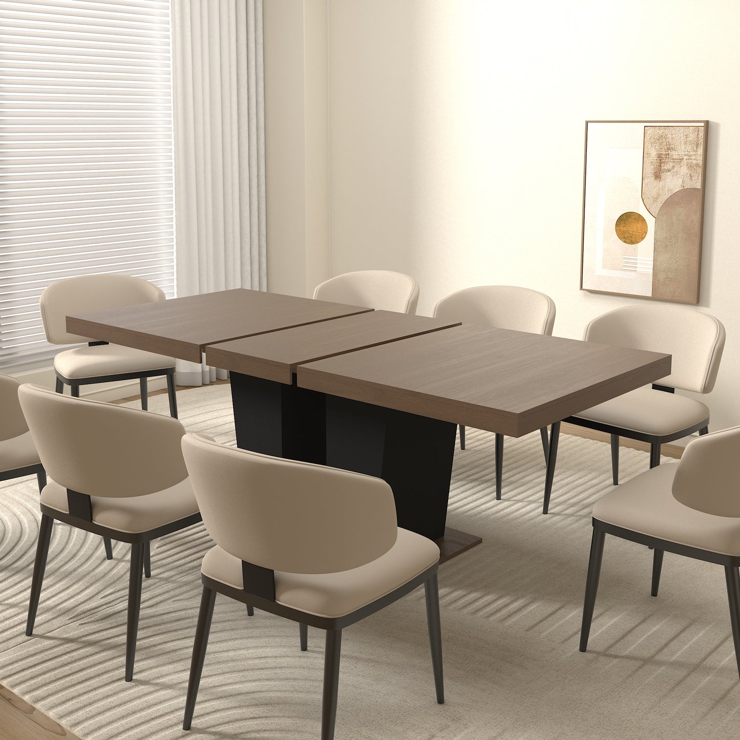 Extendable Dining Room Table for 4-10 People,Wooden Transformer Kitchen Dining Table with Black Double Sturdy Pedestal Base, Modern Expandable Large Table image 1