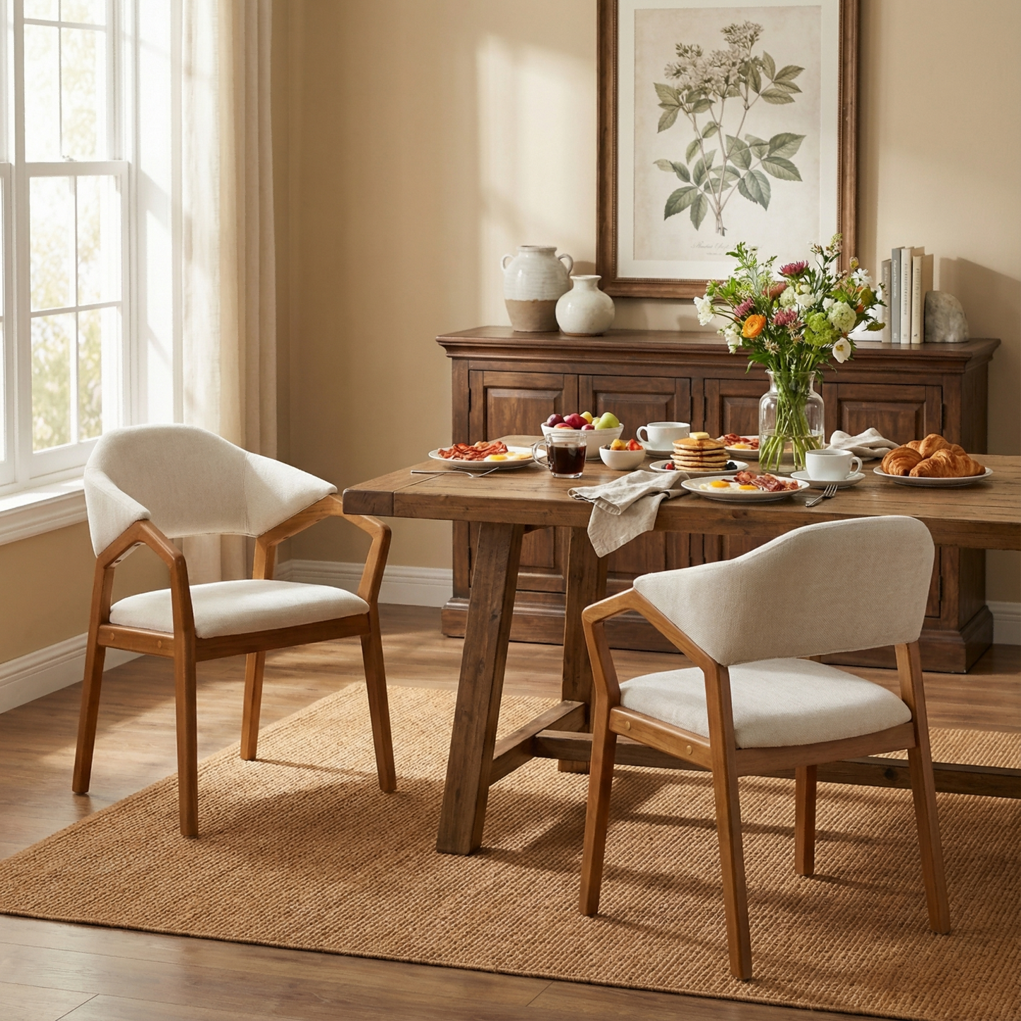 Indoor Dining Chair Set of 2, Beige Chenille Upholstered Armchair with Sturdy Frame, 300lbs Capacity, Ergonomic Curved Backrest image 1