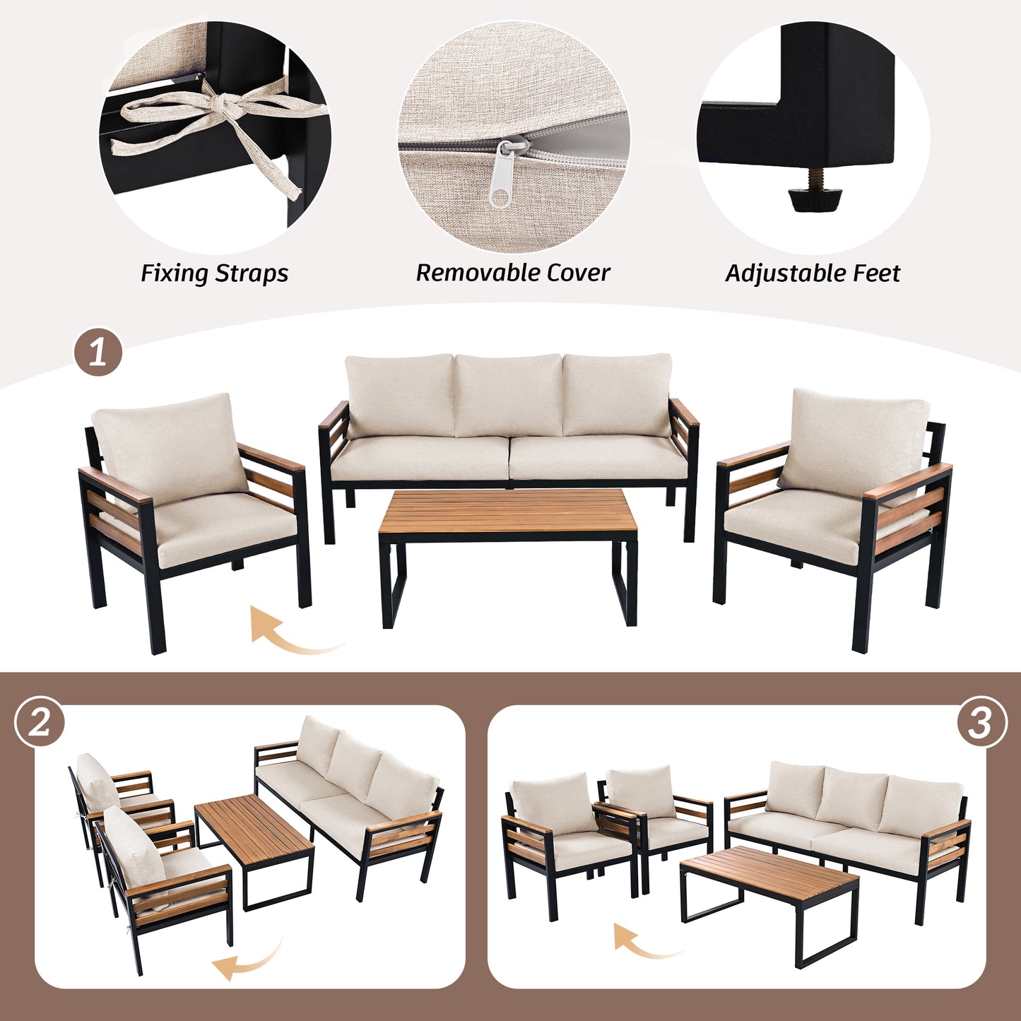 <Old SKU: N704G201246A> GO 4-Piece Outdoor Furniture Sofa Set for 5 People with Acacia Wood Armrests, Patio Conversation Set with Removable Cushion and Solid Wood Coffee Table for Garden,Beige image 4