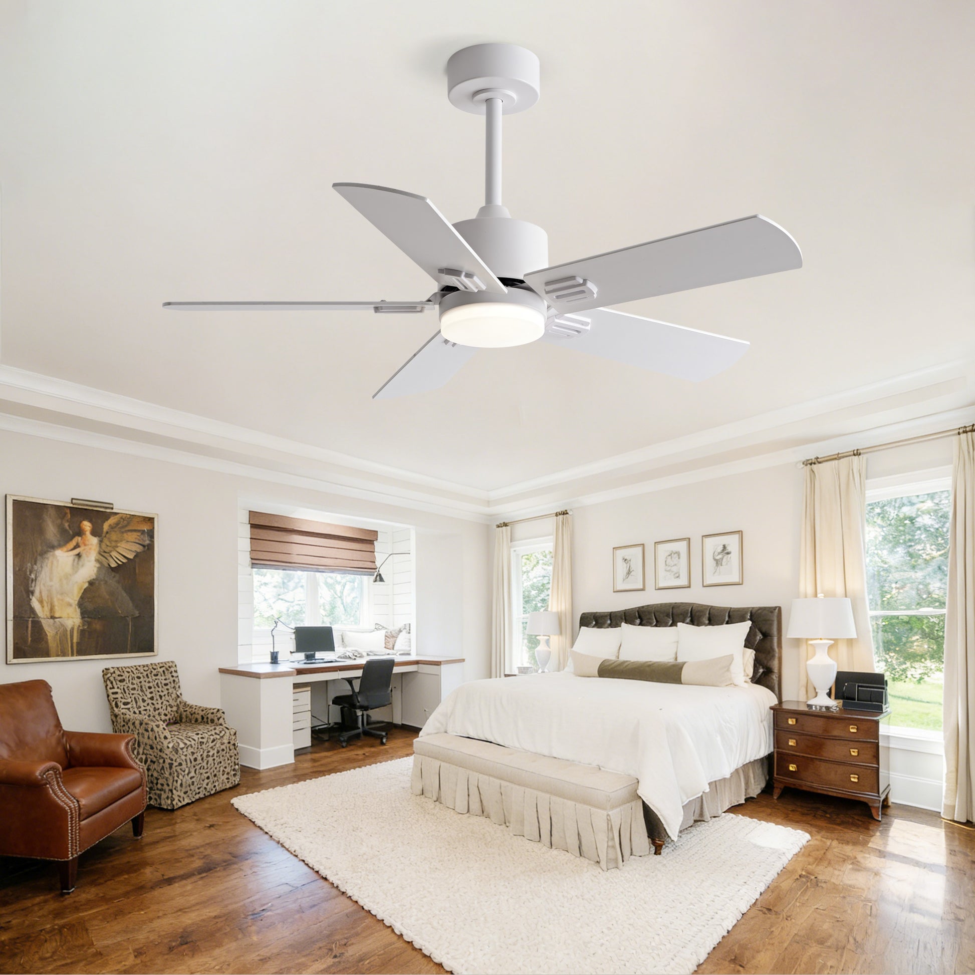 42-inch Ceiling Fan with Light and Remote Control, Low Profile Modern Ceiling Fan for Bedroom, 5 Blades with Dual White & Natural Wood Finish, Dimmable LED Light, Reversible 6-Speed Motor image 1