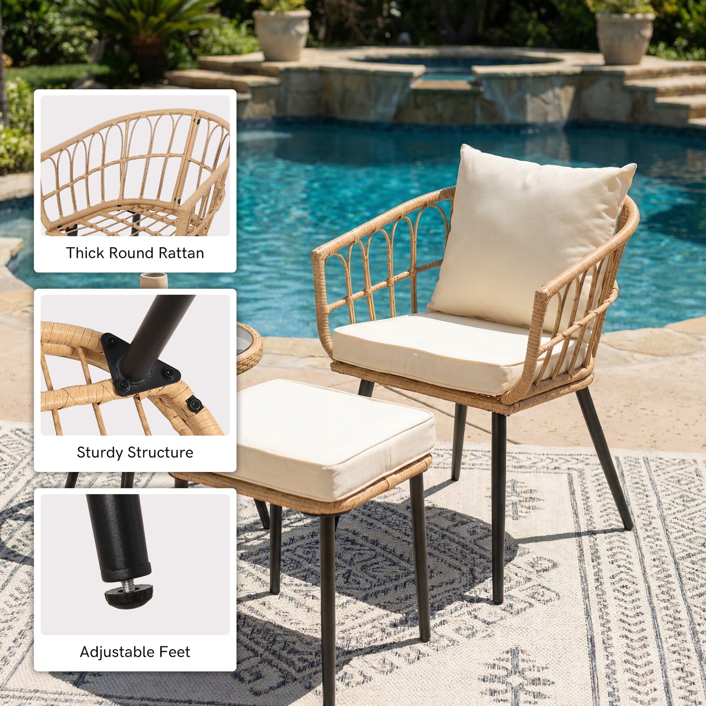 5 Piece Patio Furniture Set, Outdoor Wicker Small Conversation Bistro Set, All-Weather PE Rattan Chairs with Ottoman & Coffee Table, Ideal for Balcony Porch Deck Yard Poolside image 5