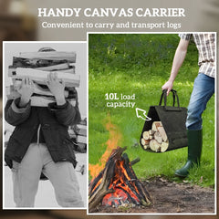 Outsunny Folding Firewood Rack with Canvas Carrier, Portable Log Rack with Handles, Heavy Duty Indoor Outdoor Wood Storage Holder for Fireplace, 16.9" x 15" x 15.9", Black