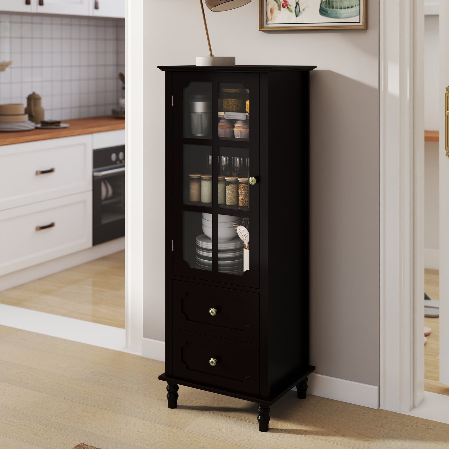Black Tall Storage Cabinet with Glass Door & 2 Drawers, Narrow Freestanding Sideboard Buffet with Adjustable Shelves, Farmhouse Retro Pantry Cupboard for Dining Room, Living Room, Bathroom, Stud image 1
