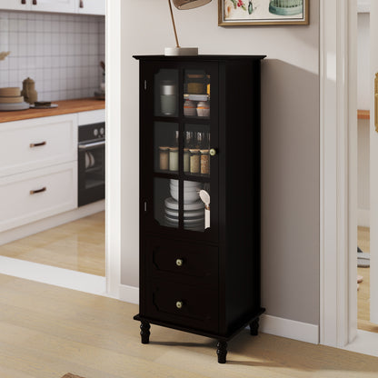 Black Tall Storage Cabinet with Glass Door & 2 Drawers, Narrow Freestanding Sideboard Buffet with Adjustable Shelves, Farmhouse Retro Pantry Cupboard for Dining Room, Living Room, Bathroom, Stud image 1