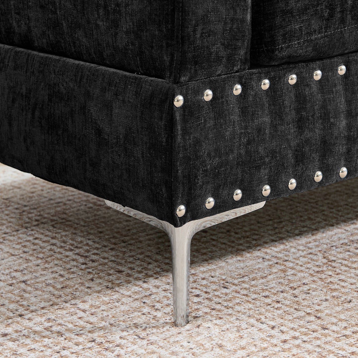Sectional 3-Seaters Sofa with Chaise, Storage Ottoman, Metal Legs and Copper Nails,Two White Pillows,Black(102" x 76" x35") image 9