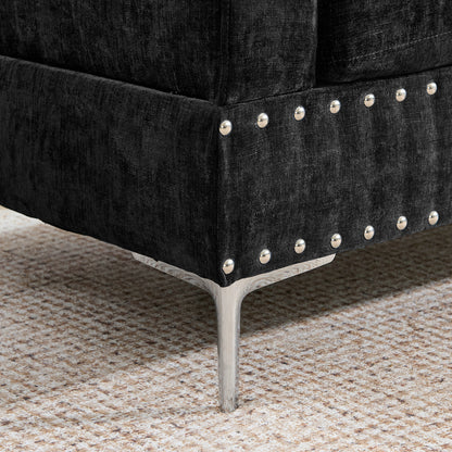 Sectional 3-Seaters Sofa with Chaise, Storage Ottoman, Metal Legs and Copper Nails,Two White Pillows,Black(102" x 76" x35") image 9
