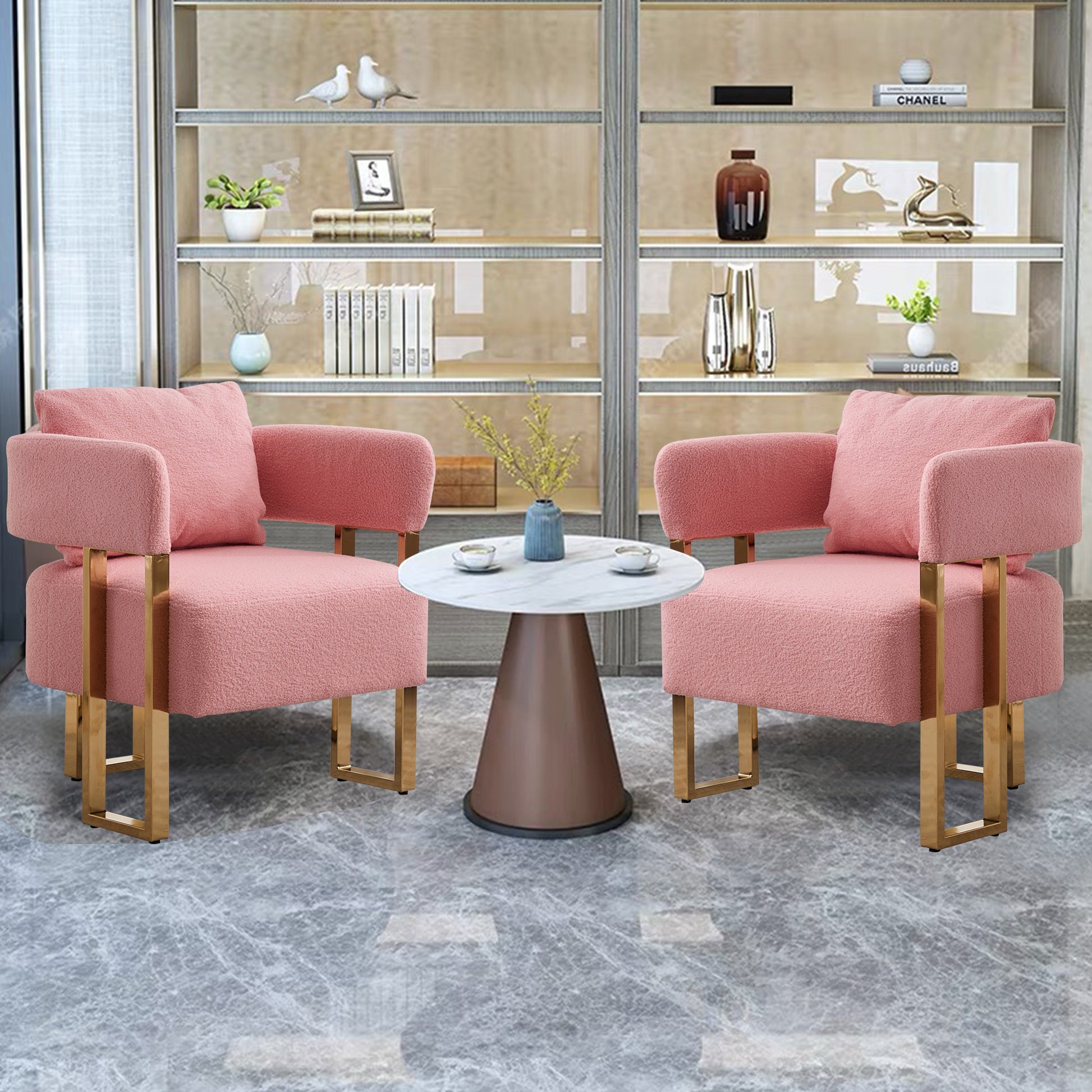 TS Modern decorative chair, living room side chair with gold metal legs, no wheels, suitable for dressing area, reception room, office,Teddy fleece upholstered metal foot sofas 2PCS Pink image 1