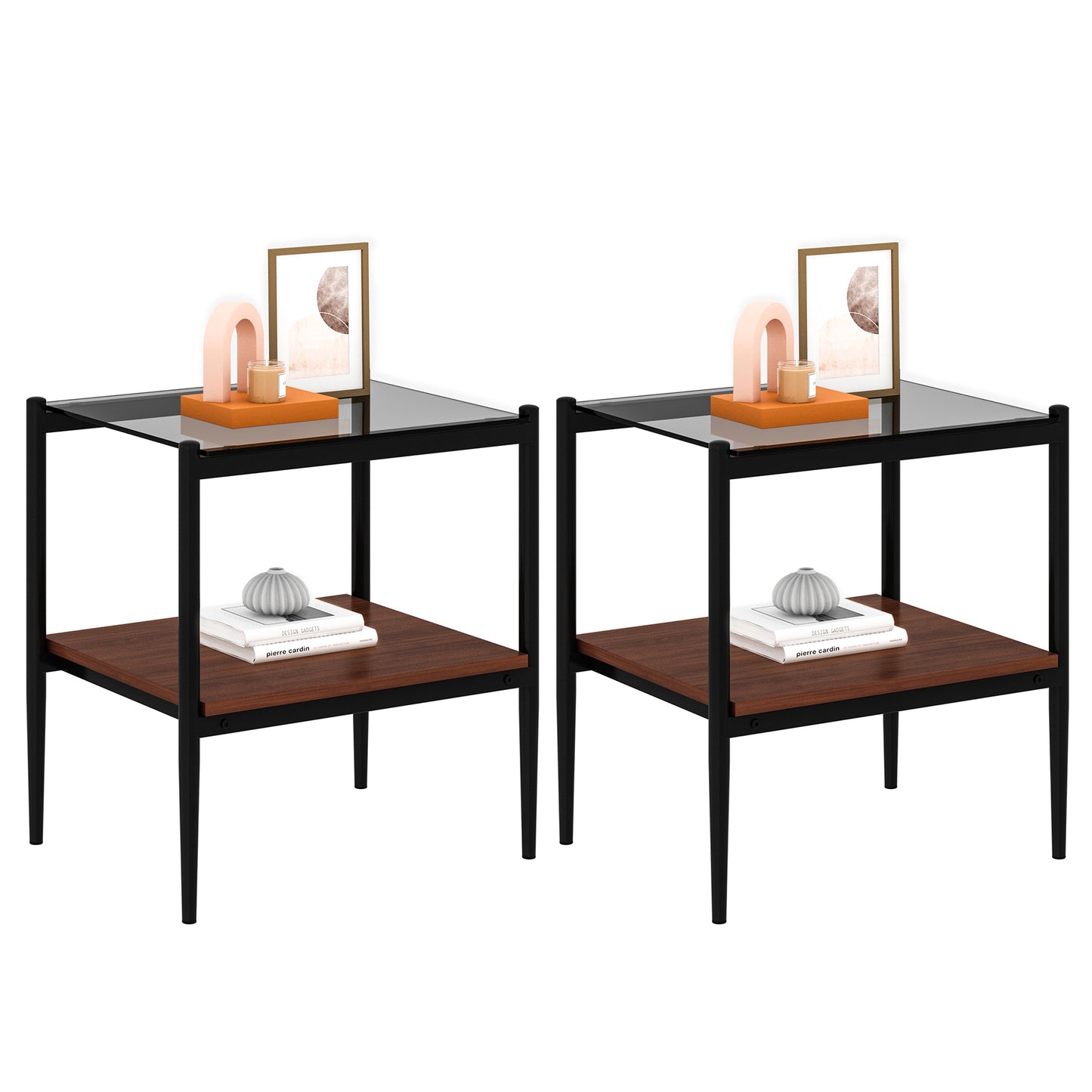 Set of 2 Rectangle End Table, Tempered Glass Tabletop with MDF layer, Modern Table for Living Room, Gray Glass image 3