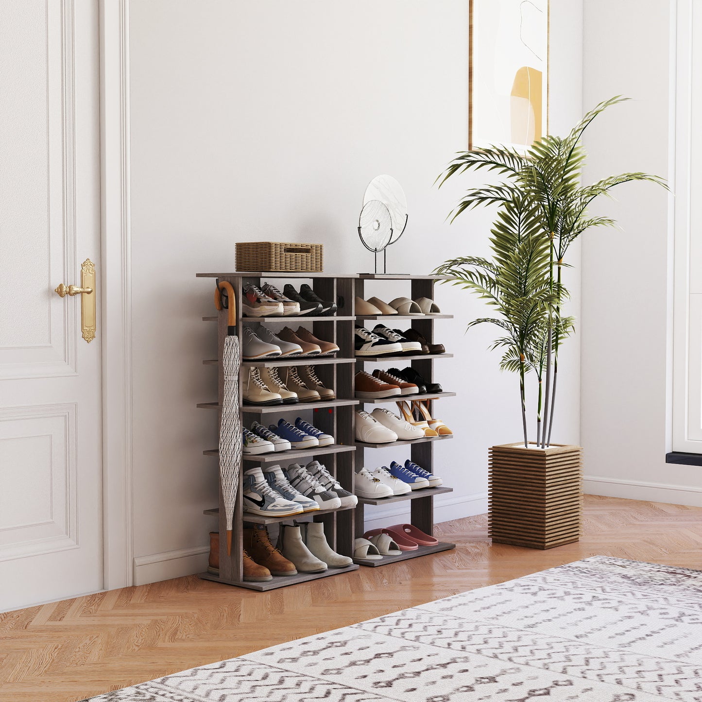 Shoe Rack,7 Tier Shoe Storage Organizer with Hooks, Entryway Shoe Tower,12-14Pairs Shoes,Vertical Shoe Organizer,Vertical Shoe Organizer,Easy Assemble,Saving Space,Rustic Gray image 2
