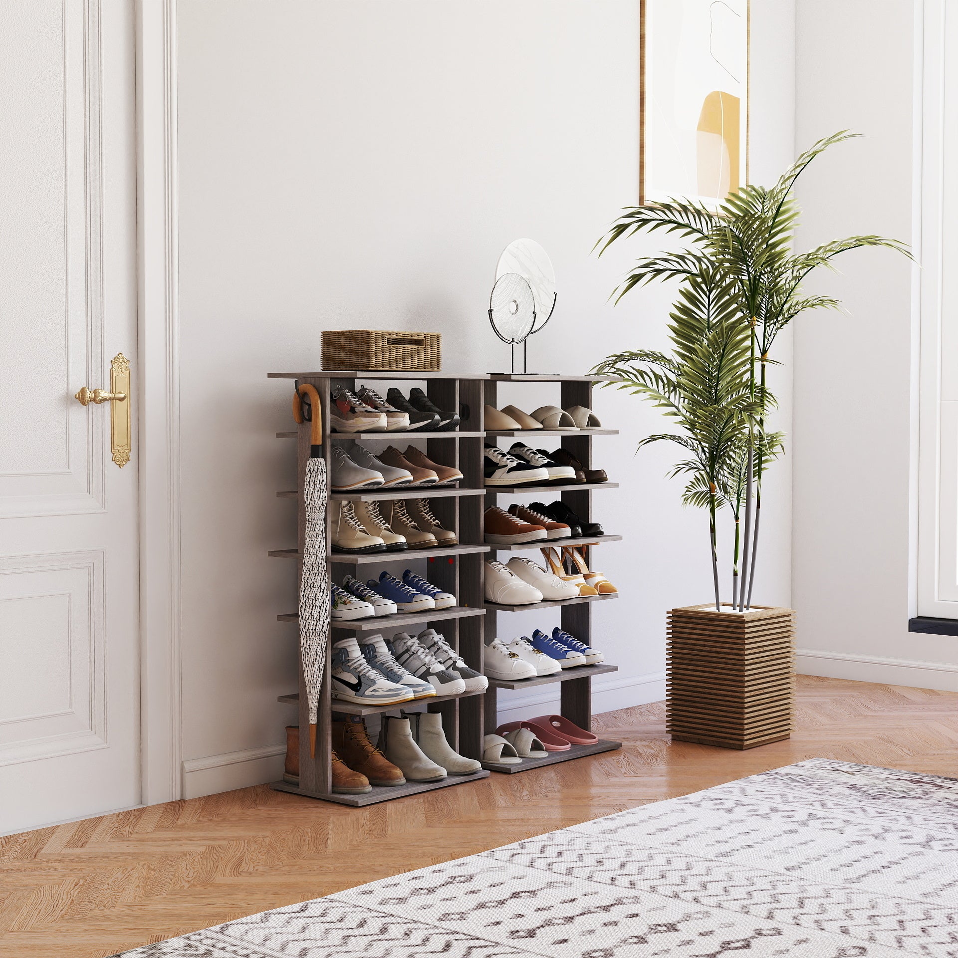 Shoe Rack,7 Tier Shoe Storage Organizer with Hooks, Entryway Shoe Tower,12-14Pairs Shoes,Vertical Shoe Organizer,Vertical Shoe Organizer,Easy Assemble,Saving Space,Rustic Gray image 2