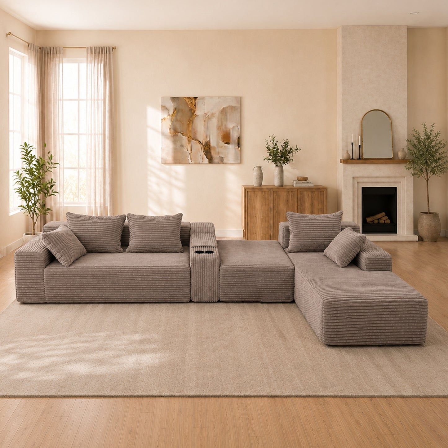 Advanced Corduroy U-shaped Modular Segmented Sofa, Large Sitting Depth Convertible Form, with Cup Holder and Storage Space, Modern Nordic Comfortable L-shaped Sofa Bed, Suitable for Large Living Rooms image 7