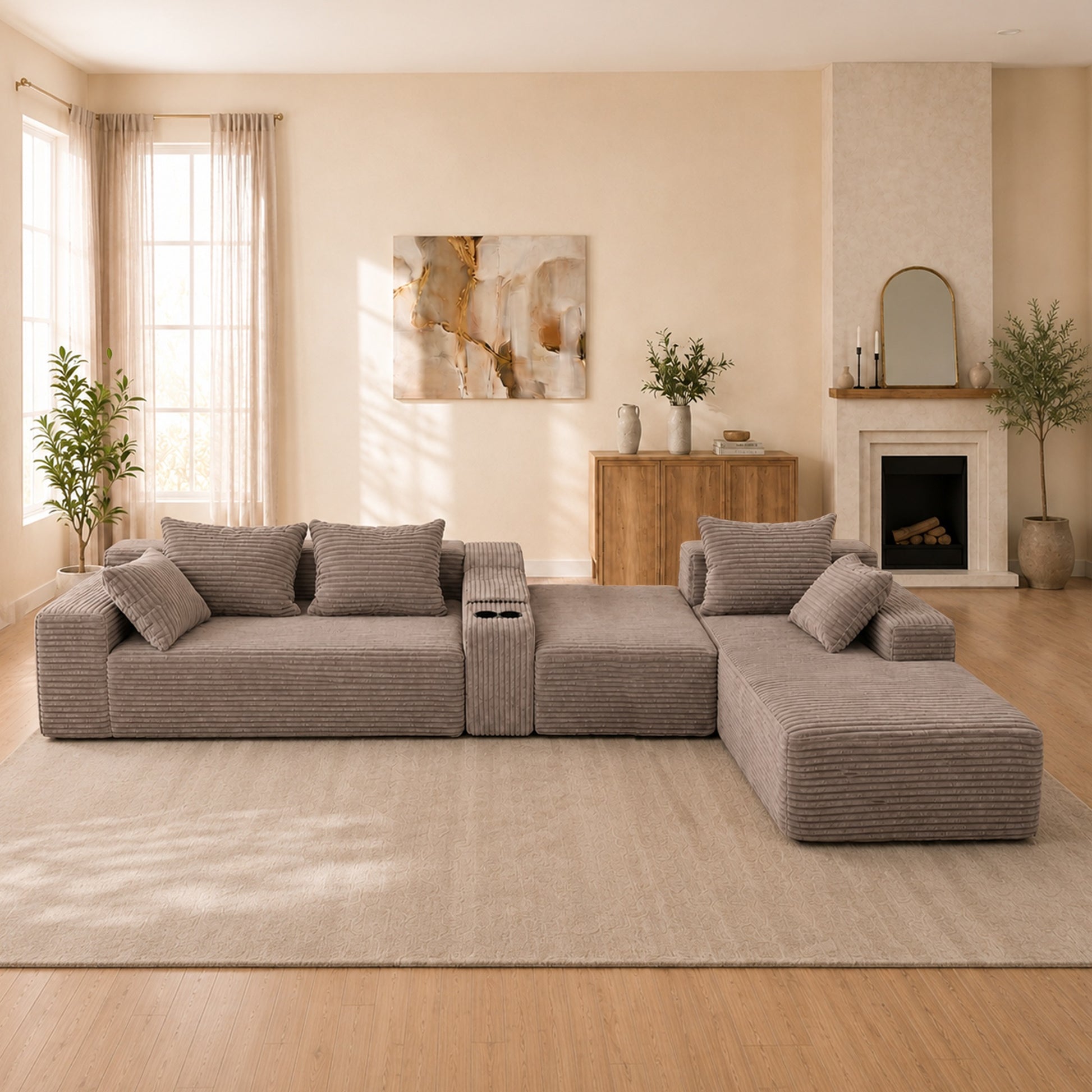Advanced Corduroy U-shaped Modular Segmented Sofa, Large Sitting Depth Convertible Form, with Cup Holder and Storage Space, Modern Nordic Comfortable L-shaped Sofa Bed, Suitable for Large Living Rooms image 7