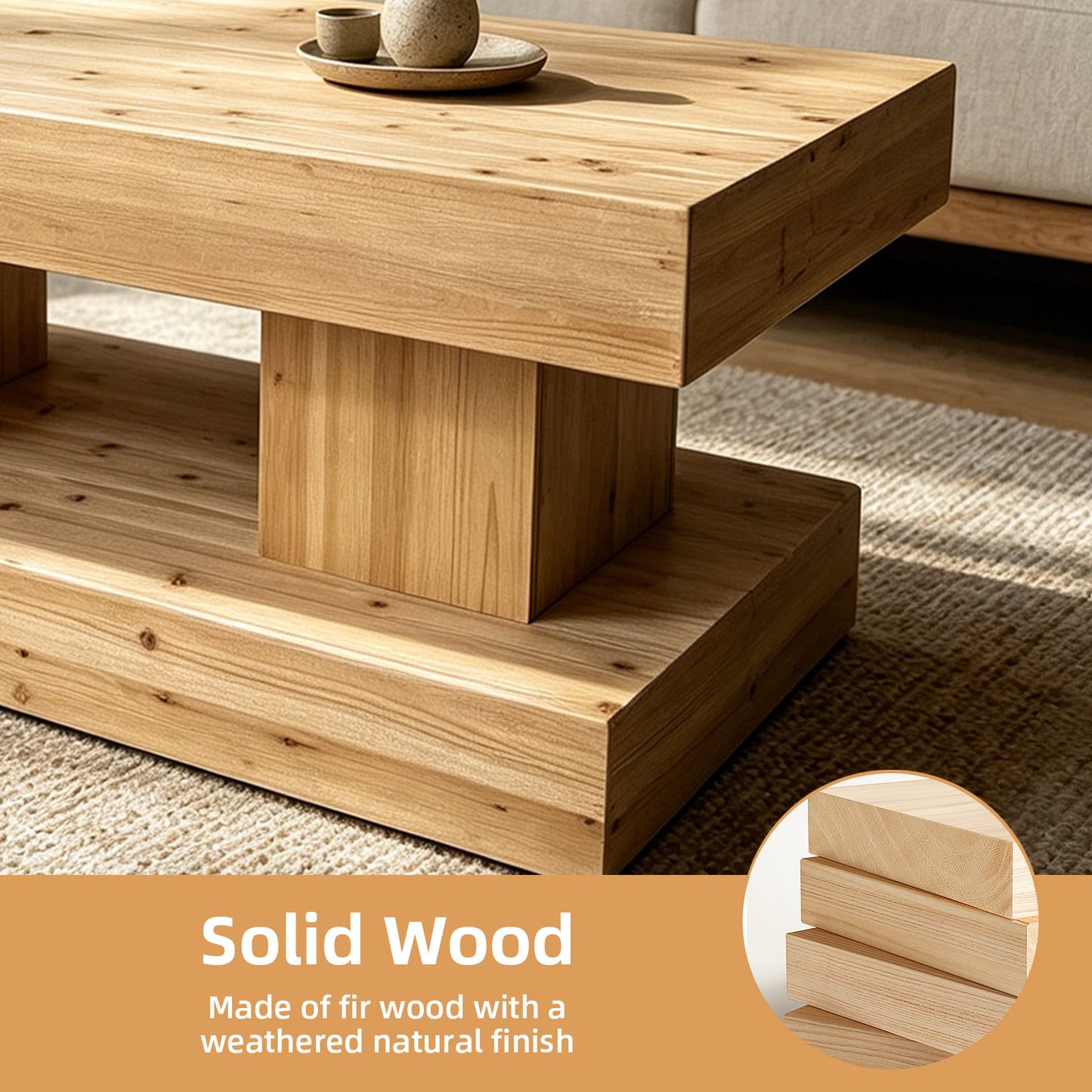 47.24"Natural Solid Wood Coffee Table elevate your living room with crafted from premium natural wood with visible grain and knots for a warm, organic feel. image 6