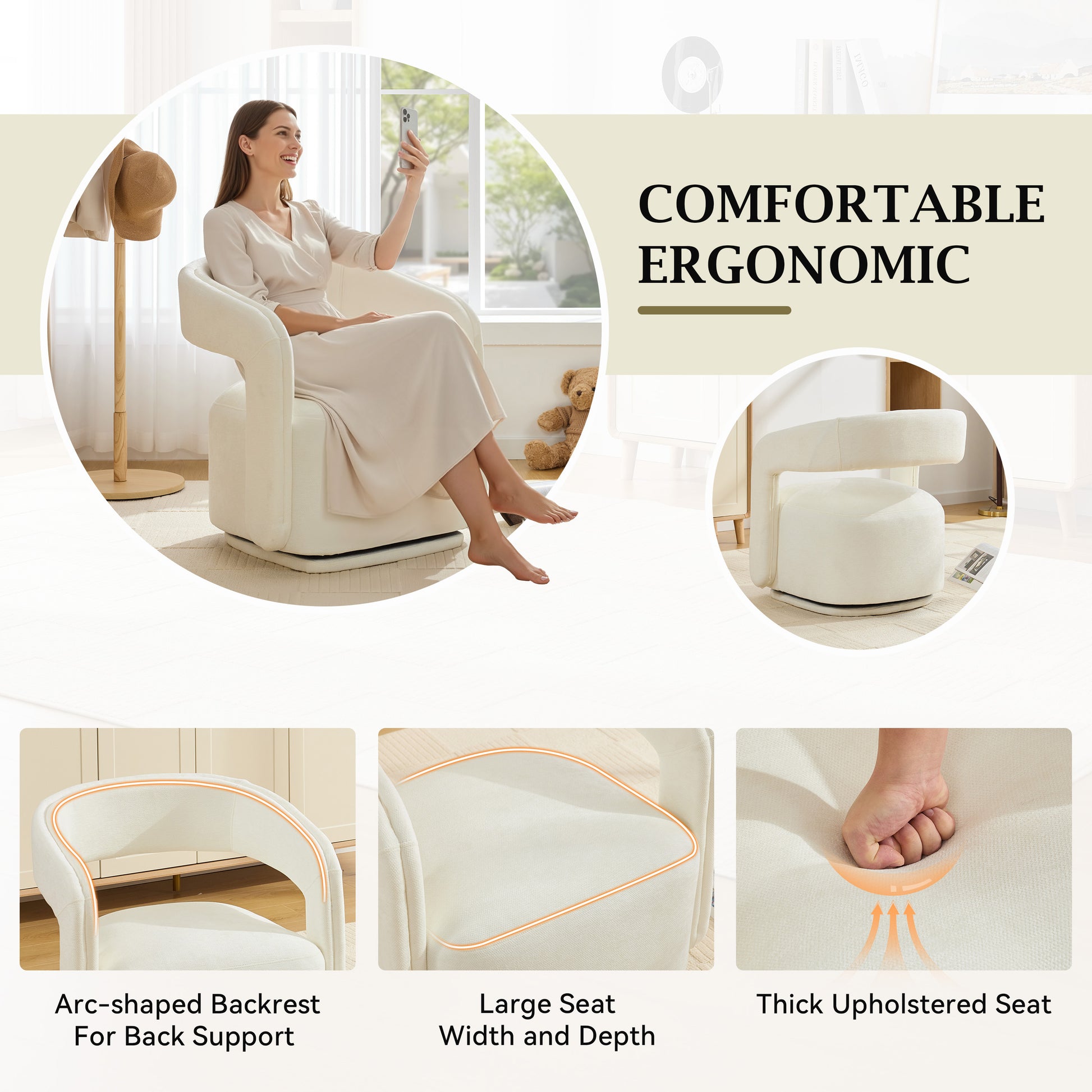 065-Chenille Fabric Swivel Accent Armchair, Comfy Barrel Leisure Chair With Curved Backrest, Upholstered Reading Chair With Black Swivel Base, 22-inch large seat depth and width, White image 5