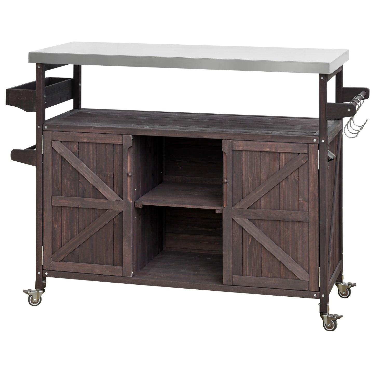 K&K Outdoor Kitchen Island, Rolling Bar Cart & Storage Cabinet, Farmhouse Solid Wood Outdoor Grill Table with Stainless Steel Top, Spice Rack, Towel Rack for Kitchen & Barbecue, Dark Brown image 12