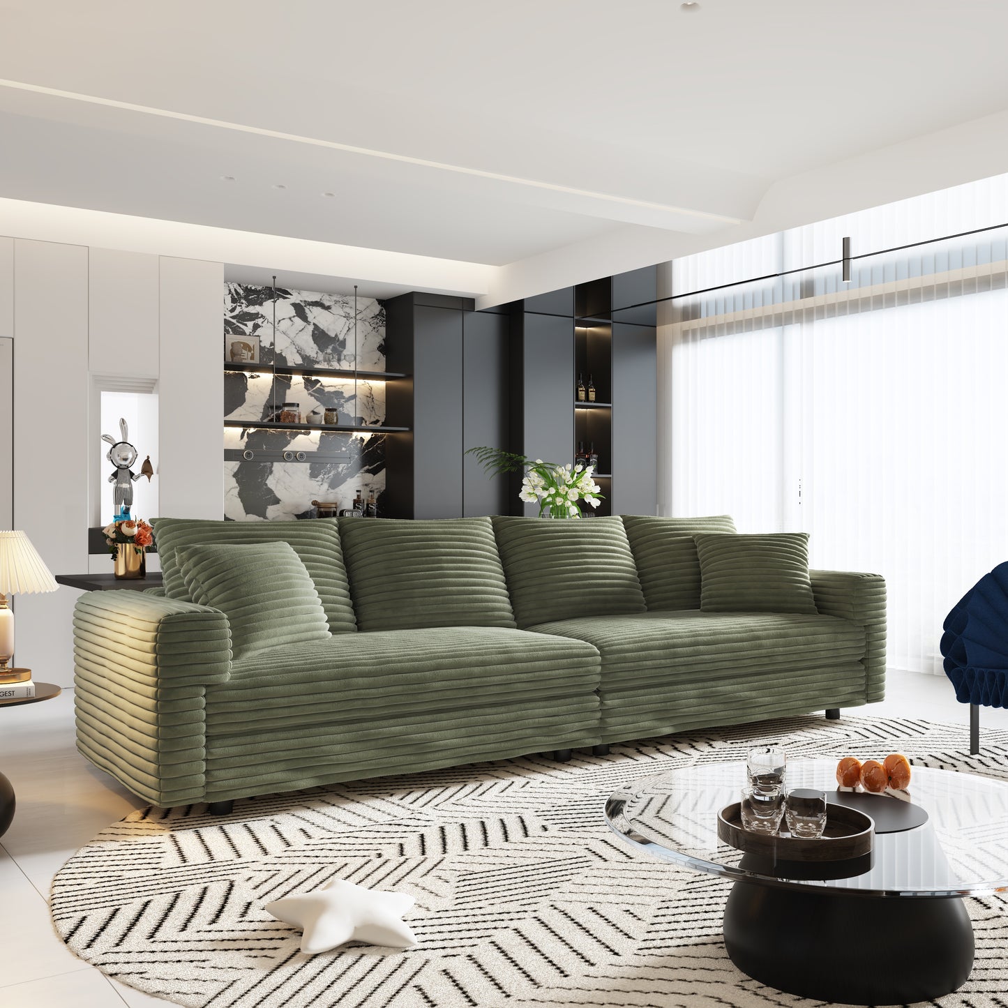 102.4 " Plush Corduroy 4-Seat Sofa,Modern Comfy Upholstered Sofa Cloud Couch,Deep Seat Couches with Soft Pillows,Convertible Deep Seat Sofa Lounge Chair for Apartment,Office,Green(Old Sku:W1885P346910 image 1