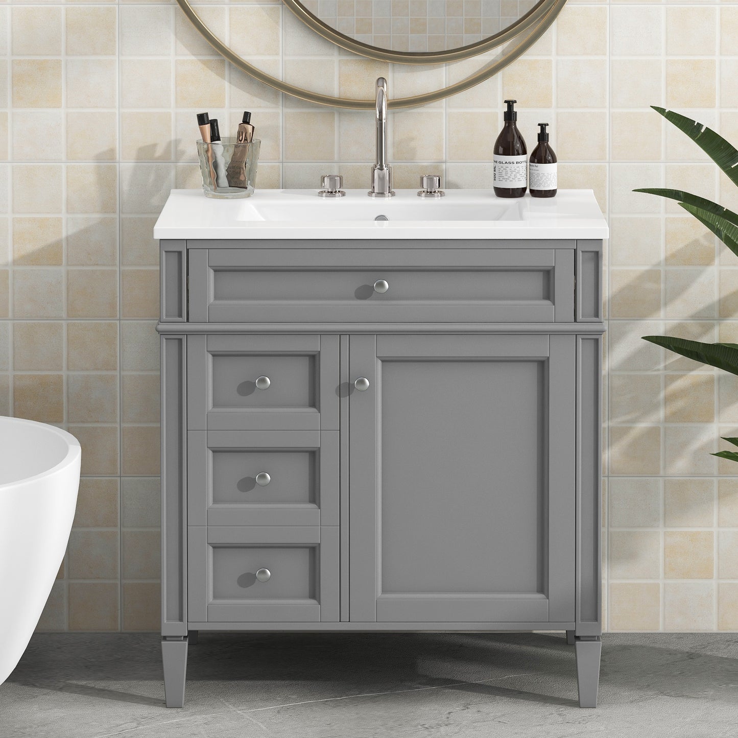 30'' Bathroom Vanity with Top Sink, Modern Bathroom Storage Cabinet with 2 Drawers and a Tip-out Drawer, Single Sink Bathroom Vanity image 2