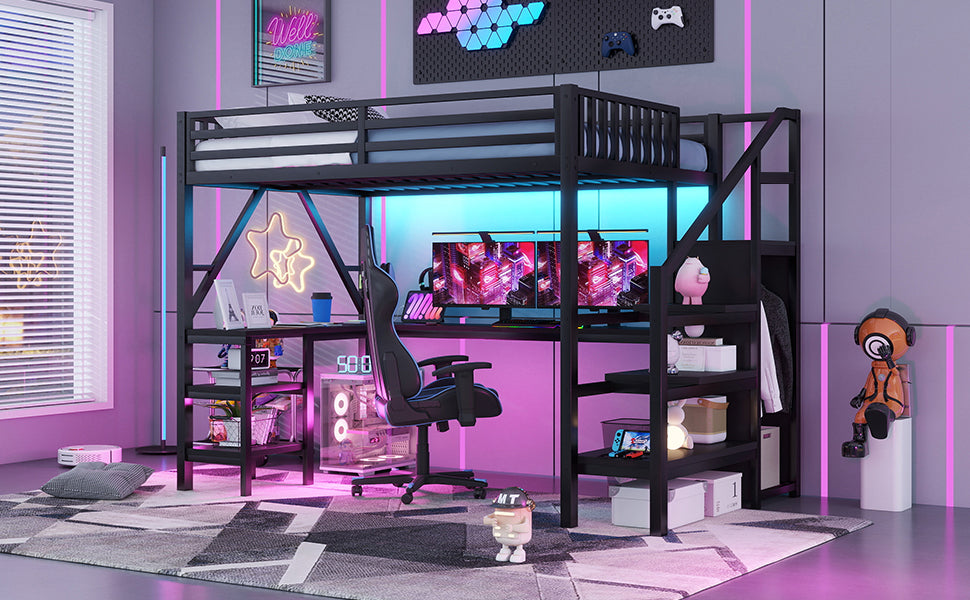 Metal Full Loft Bed with Wardrobe and LED Light, Full Size Loft Bed with L Shaped Desk and USB for Kids Teens Adults, Black(Old SKU W2593S00008,Expect Arrival Date 2026/2/25) image 6