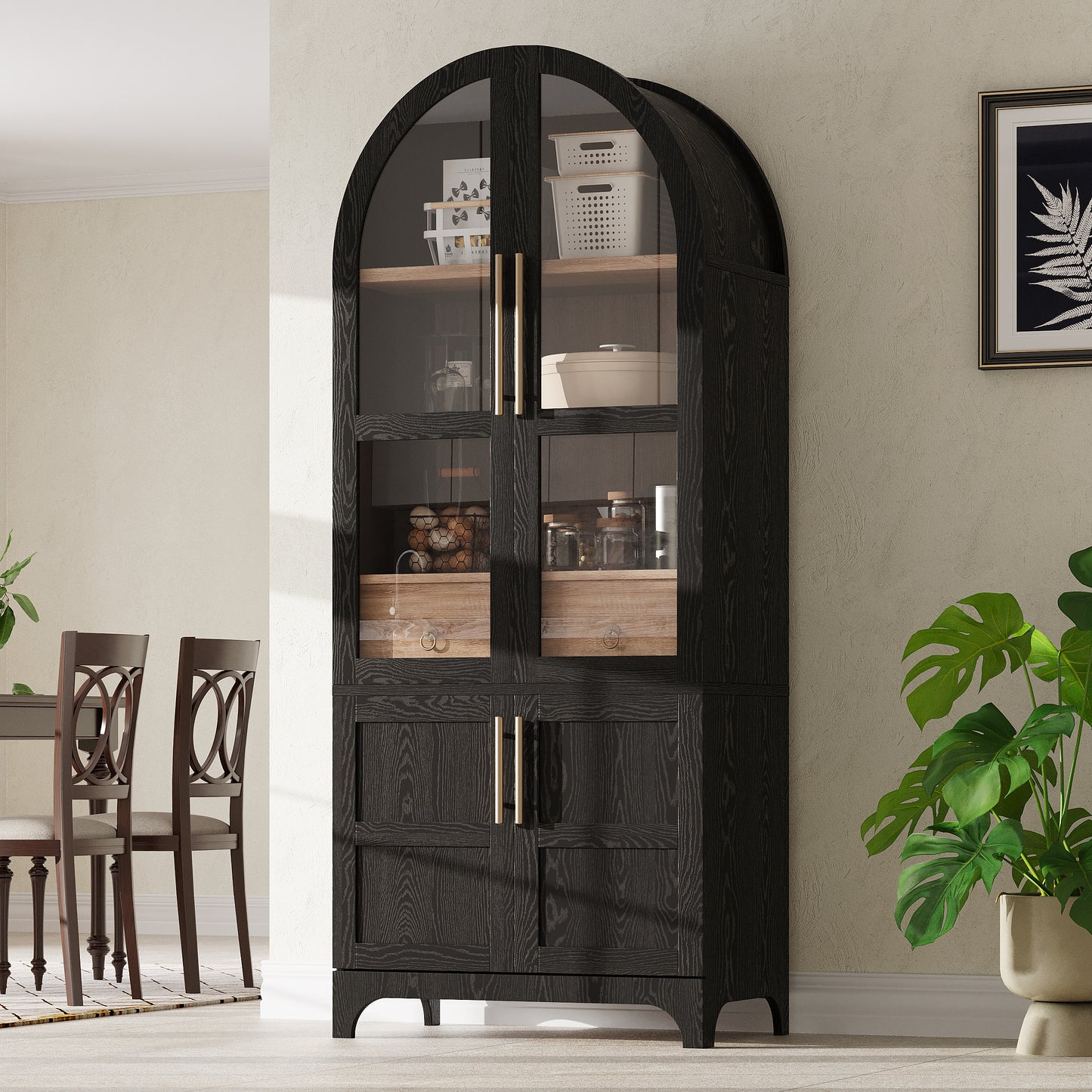 K&K 71" Tall Arched Kitchen Pantry Cabinet with Door Shelves, Farmhouse Kitchen Storage Cabinet with Open & Adjustable Shelves, Hidden Drawer & Glass Door, Cupboard for Kitchen, Dining Room, Black image 1