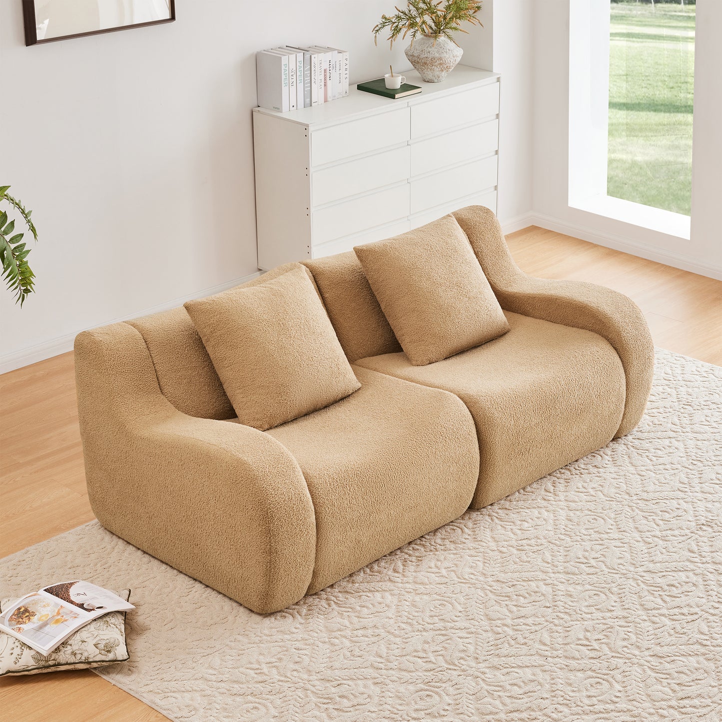 Soft Teddy Fabric Boneless Sofa,No Assembly Required Streamlined Design,Anti-Slip Design 32D High Density Sponge Fits Living Rooms Bedrooms,Camel image 3