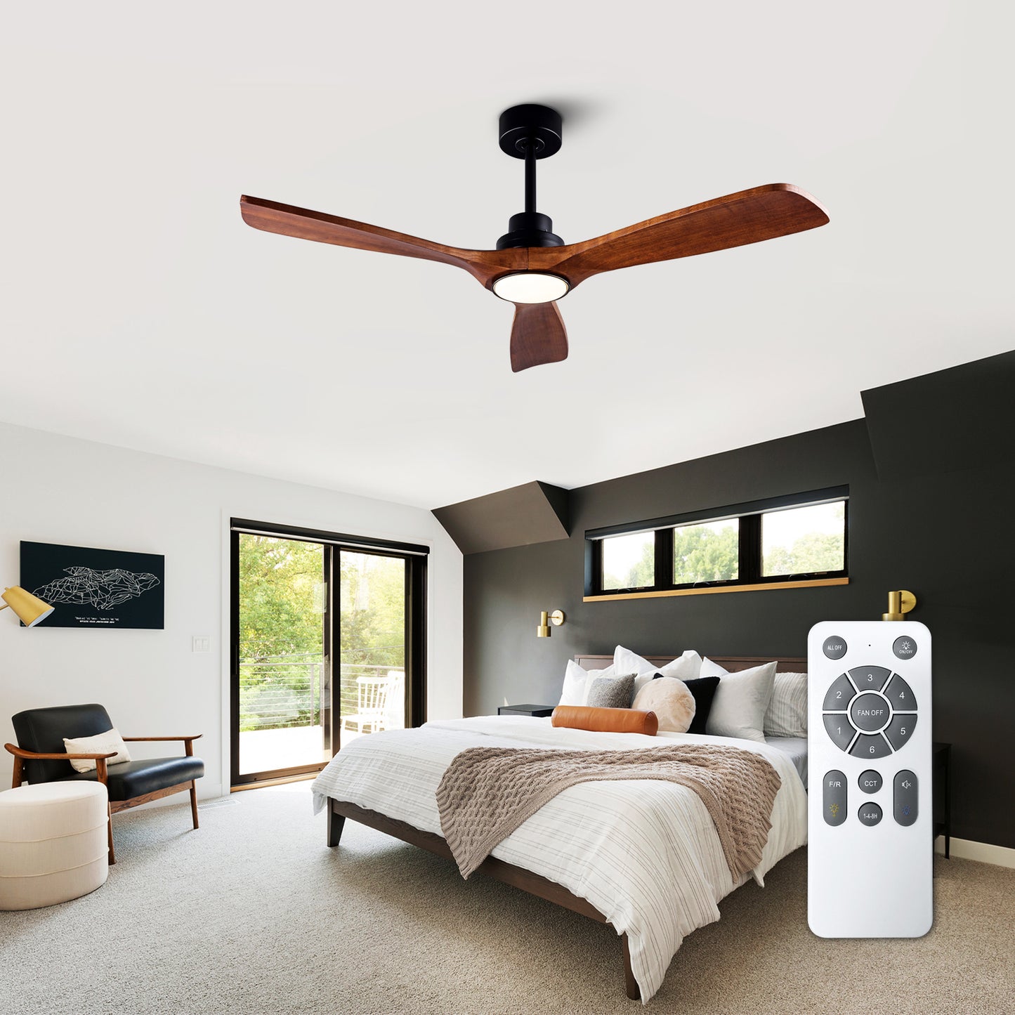 Ceiling Fans with Lights and Remote 52'' Outdoor Ceiling Fan with 6 Speed Noiseless Reversible DC Motor, Indoor 3 Blade Wood Ceiling Fan for Farmhouse Bedroom Living Room Gazebo Patio Black image 1