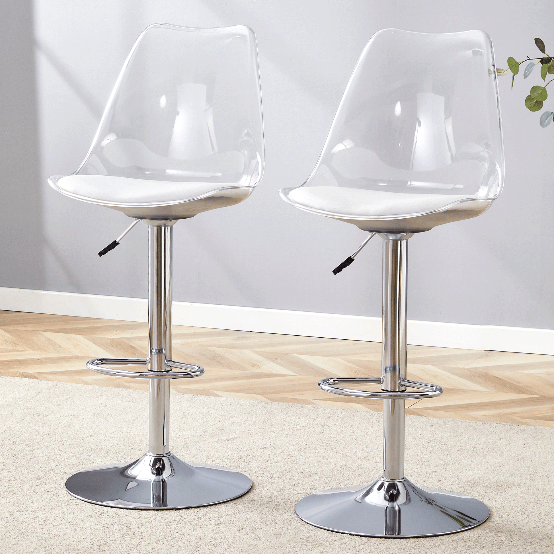 Modern minimalist bar chairs and bar stools. Can rotate 360 ° and adjust lifting. PET backrest and White PU seats. Suitable for bars, restaurants, and front desk cashiers.Set of 2. image 2