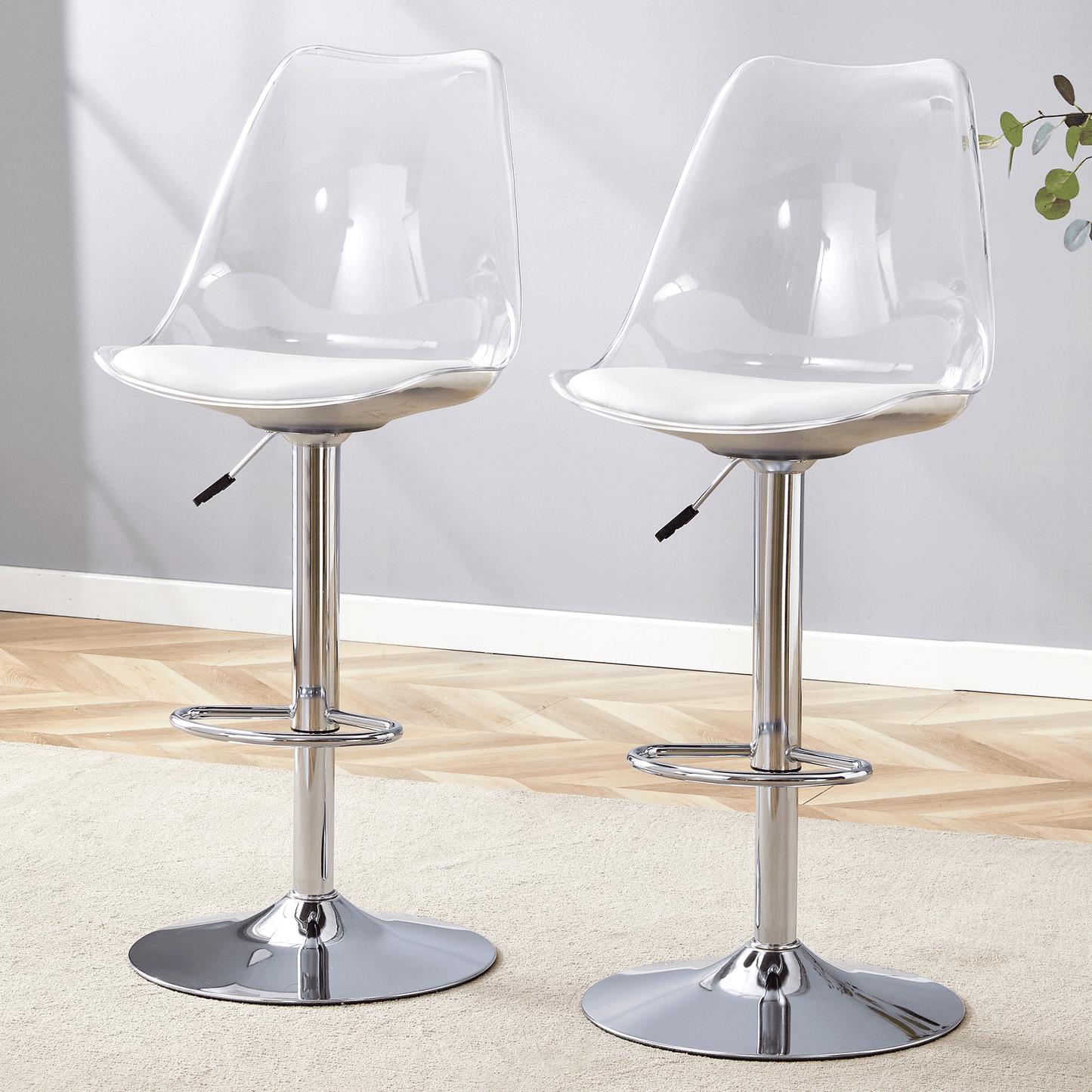 Modern minimalist bar chairs and bar stools. Can rotate 360 ° and adjust lifting. PET backrest and White PU seats. Suitable for bars, restaurants, and front desk cashiers.Set of 2. image 2
