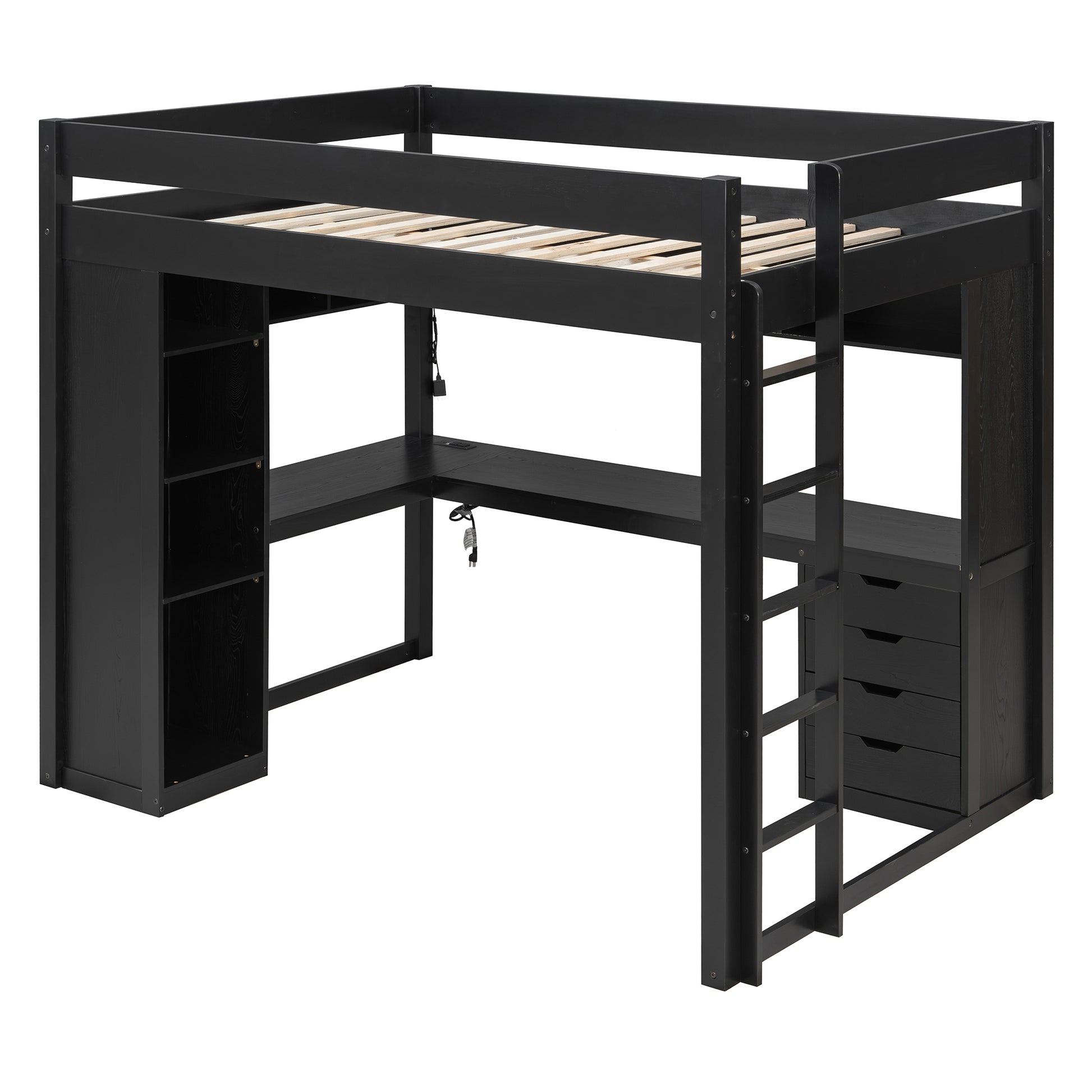 Full Size Solid Wood Loft Bed with L-Shaped Desk and 4 Drawers, Ash Veneer High Loft Bed with Smart APP Control LED Light Strip, USB Charging Ports and 4-Tier Open Shelves, Black image 11