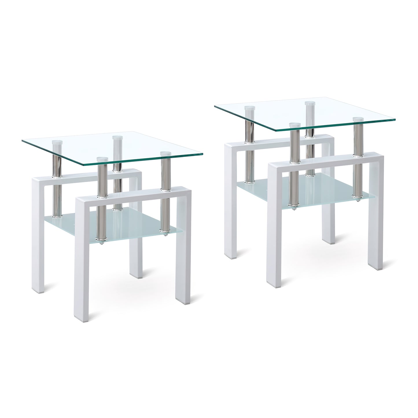 2 pieces White Tempered Clear Glass End Table, 2-Layers Small Table with Storage, Living Room Side Table image 1
