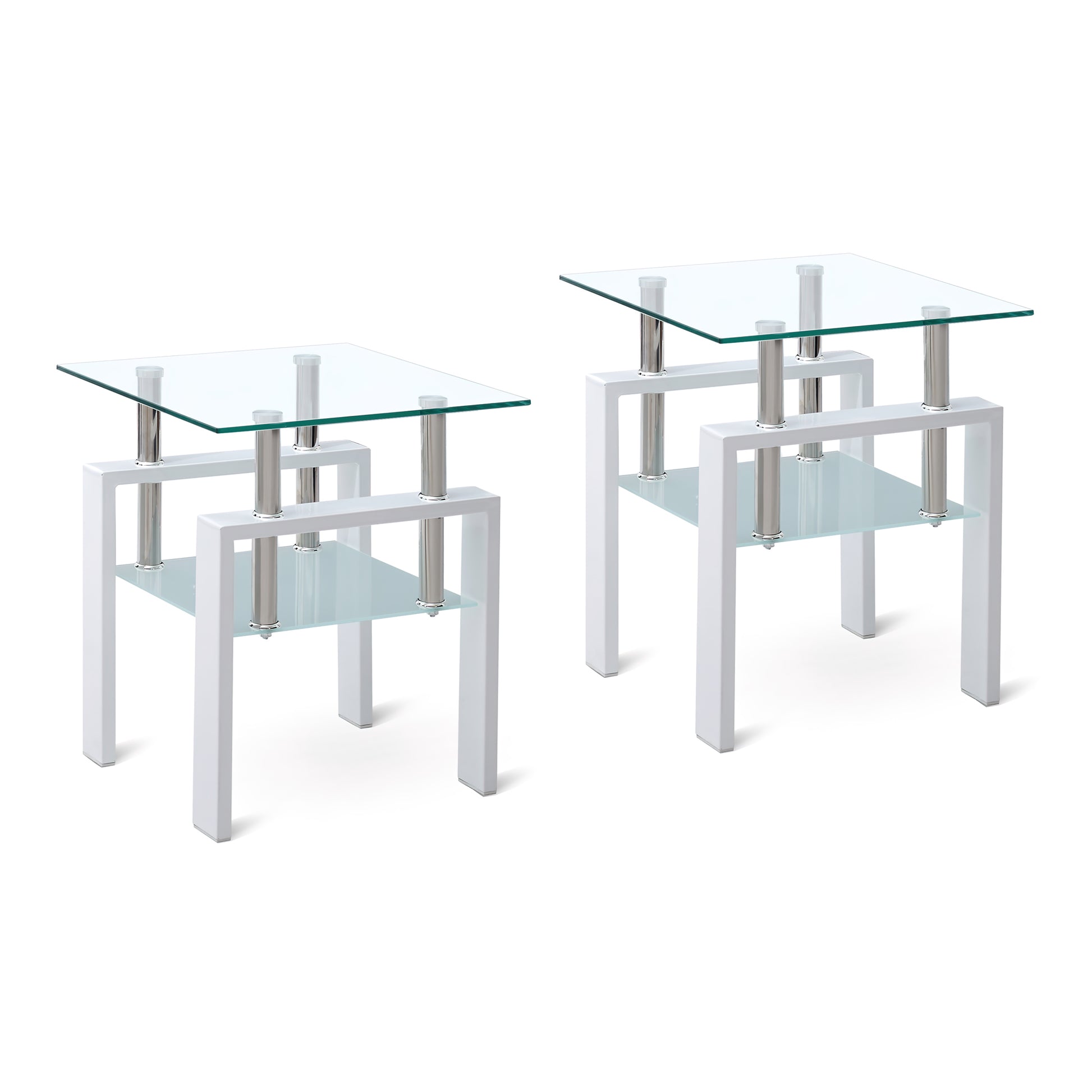 2 pieces White Tempered Clear Glass End Table, 2-Layers Small Table with Storage, Living Room Side Table image 1