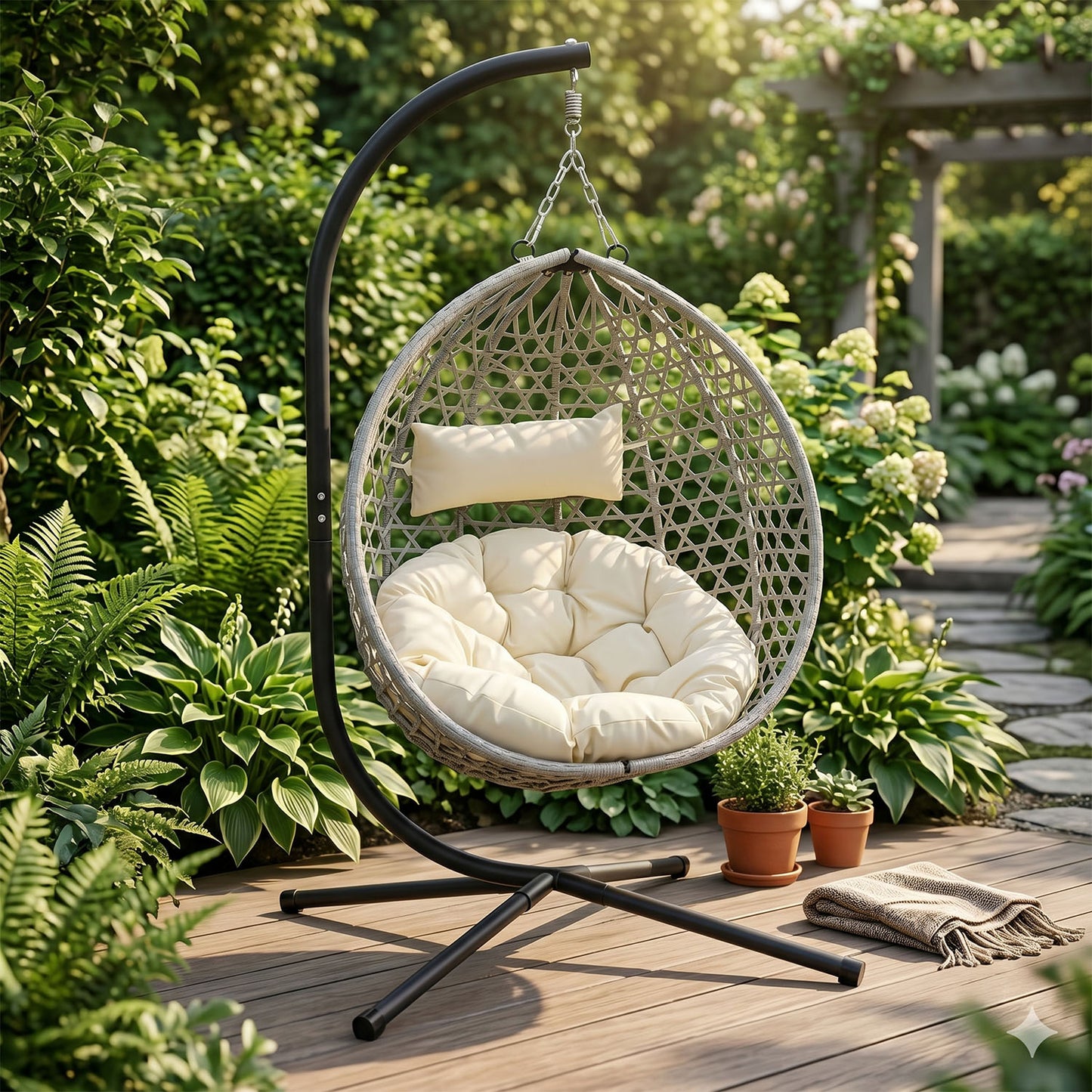 Folding PE Rattan Hanging Egg Chair with Stand, Gray Indoor Outdoor Hammock Swing Basket Chair, Aluminum Steel Frame for Patio Balcony Backyard Bedroom image 2