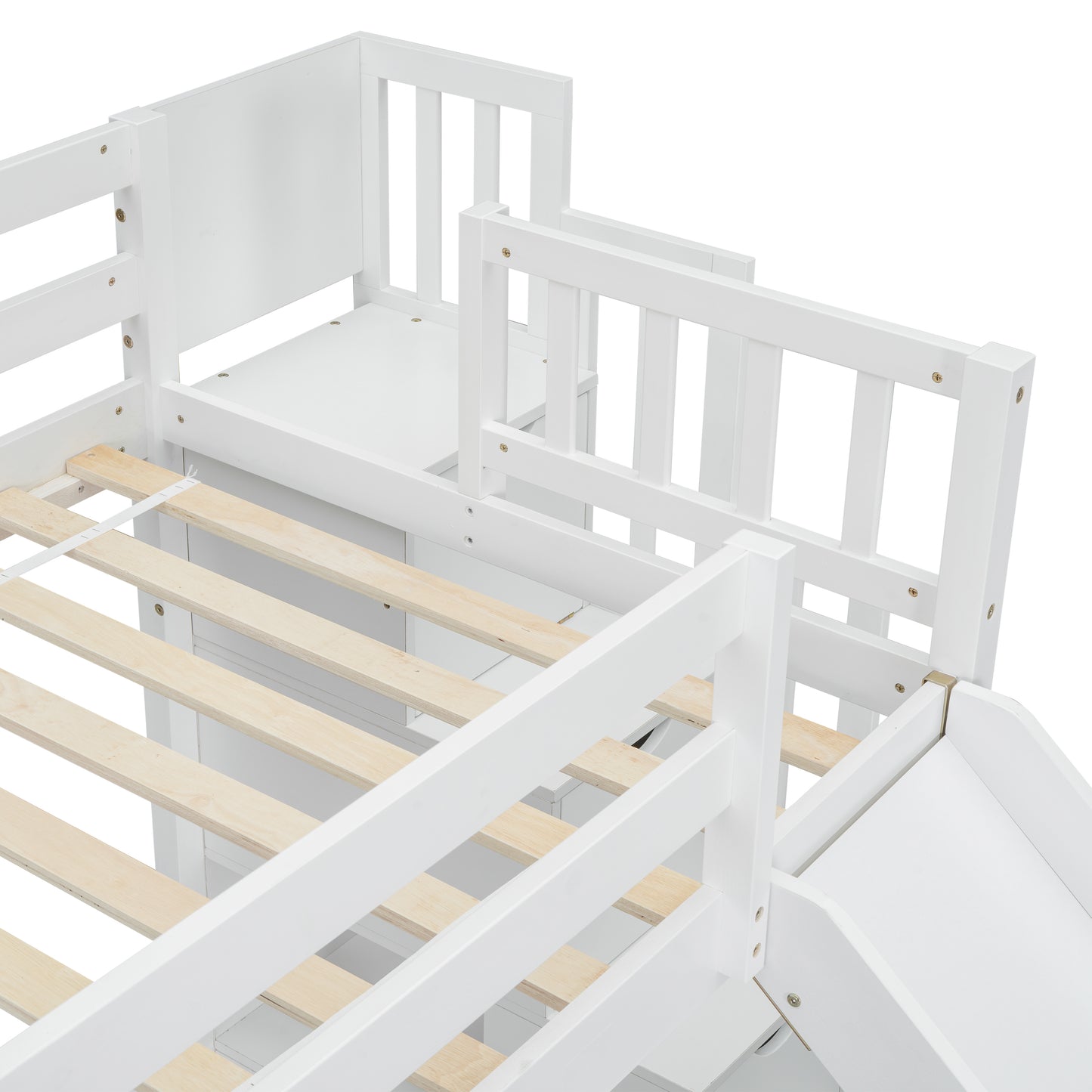 Twin Over Full Bunk Bed with Slide, Storage Staircase, Pine Solid Wooden Bunk Bed with Safety Guardrails,White (Old Sku W504S00185) image 2