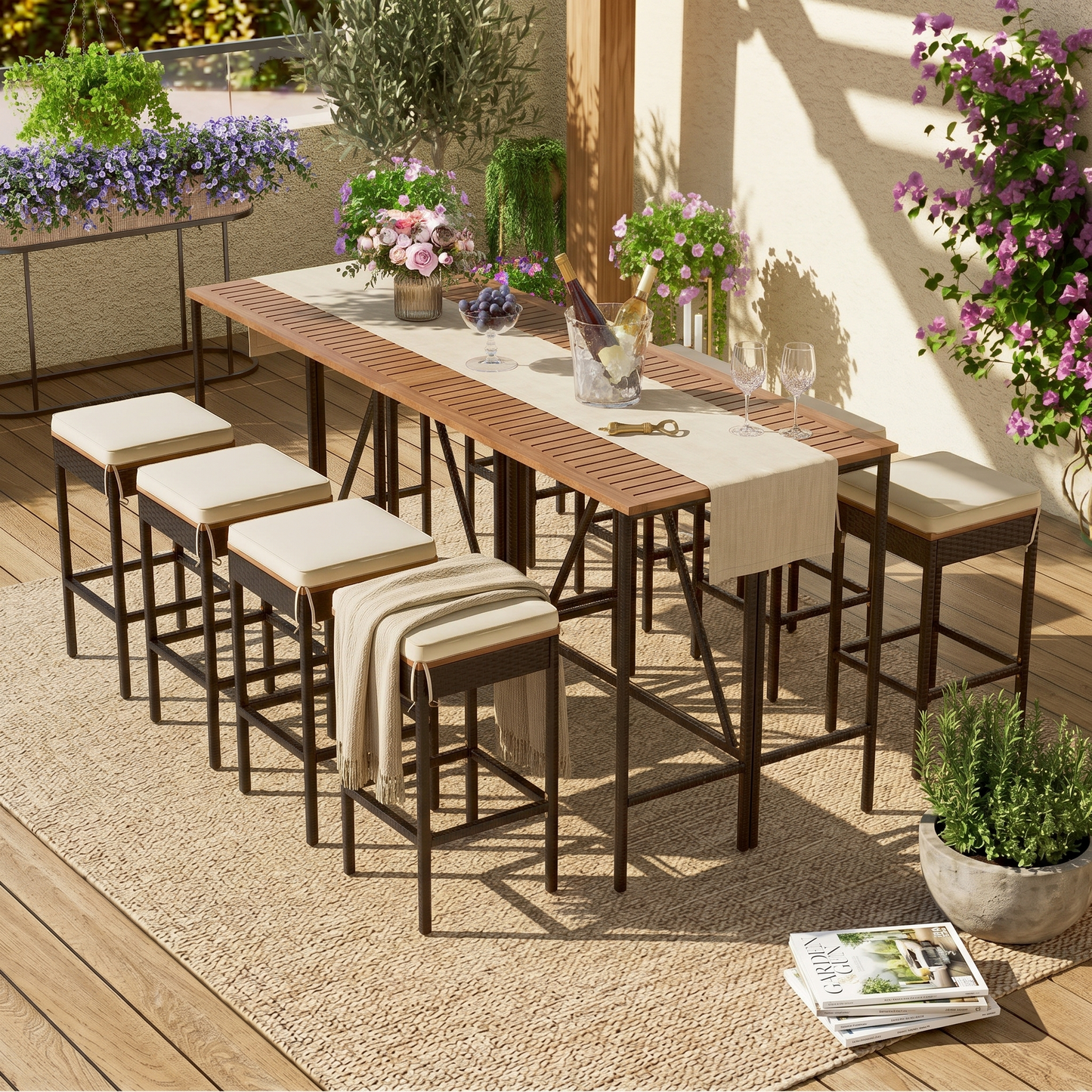GO 10-Piece Outdoor Acacia Wood Bar Height Table And Eight Stools With Cushions, Garden PE Rattan Wicker Dining Table, Foldable Tabletop, High-Dining Bistro Set, All-Weather Patio Furniture, Brown image 1