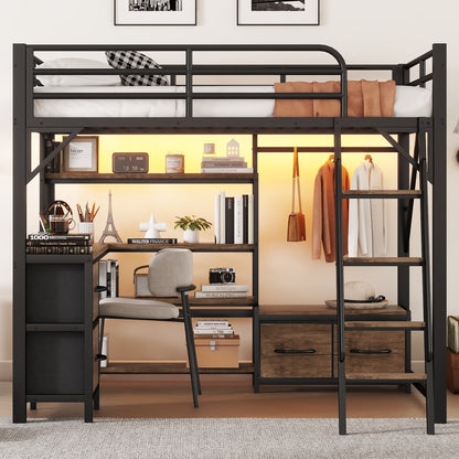 Full Size Loft Bed with Desk and Light, Metal Loft Bed with Storage Shelves, Wardrobe and Drawers for Boys Girls(Old SKU W2593S00040) image 3