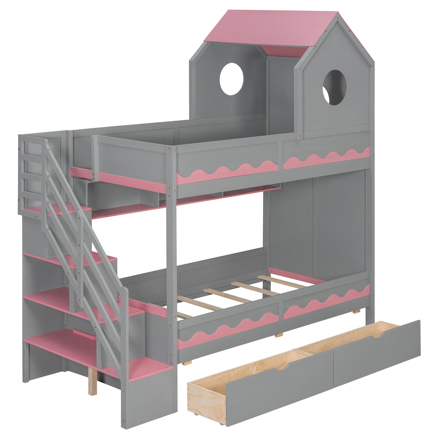 Twin Over Twin Bunk Bed with House-Shaped Roof and Storage Stairs, Wooden House Bed Frame with 2 Under-bed Drawers,Shelves,LED,Gray image 7
