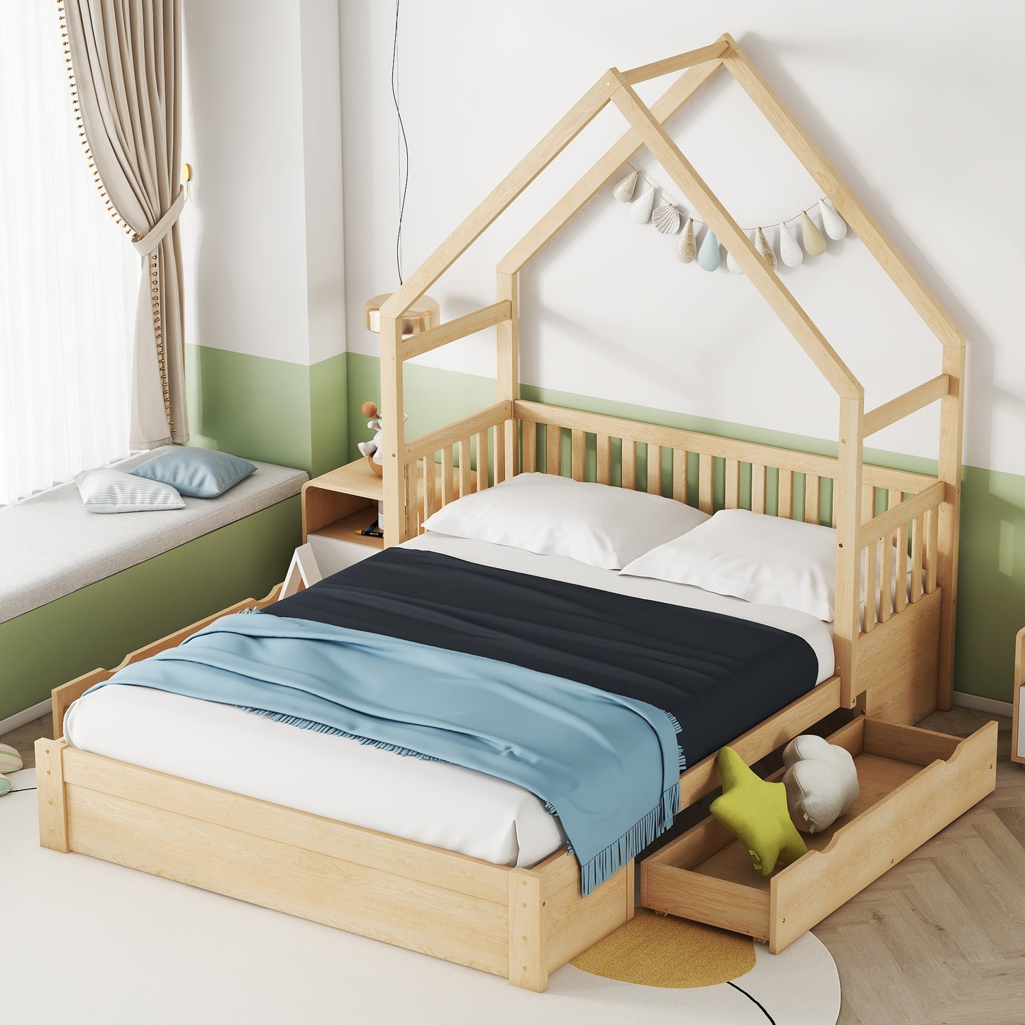 Wood Queen Size House Platform Bed with Guardrail and 2 Drawers, Natural image 1