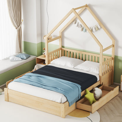 Wood Queen Size House Platform Bed with Guardrail and 2 Drawers, Natural image 1