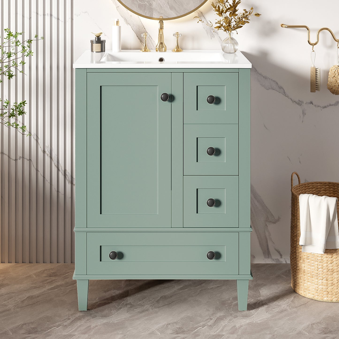 24-inch light green bathroom vanity with an integrated ceramic basin, featuring a door-mounted double-layer shelf, soft-close drawers, and a soft-close cabinet door image 2