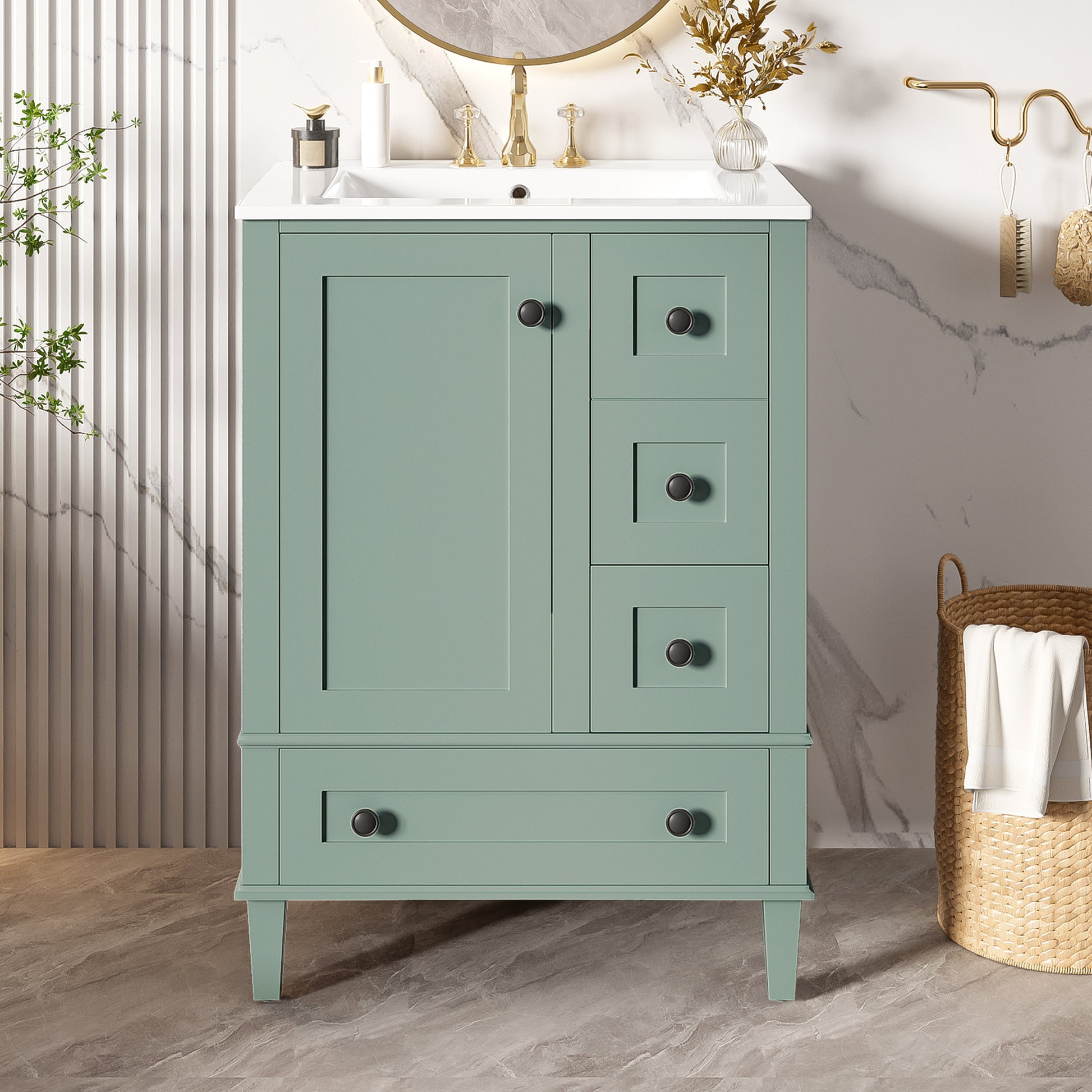 24-inch light green bathroom vanity with an integrated ceramic basin, featuring a door-mounted double-layer shelf, soft-close drawers, and a soft-close cabinet door image 2