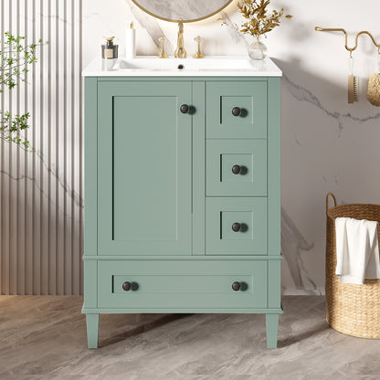 24-inch light green bathroom vanity with an integrated ceramic basin, featuring a door-mounted double-layer shelf, soft-close drawers, and a soft-close cabinet door image 2