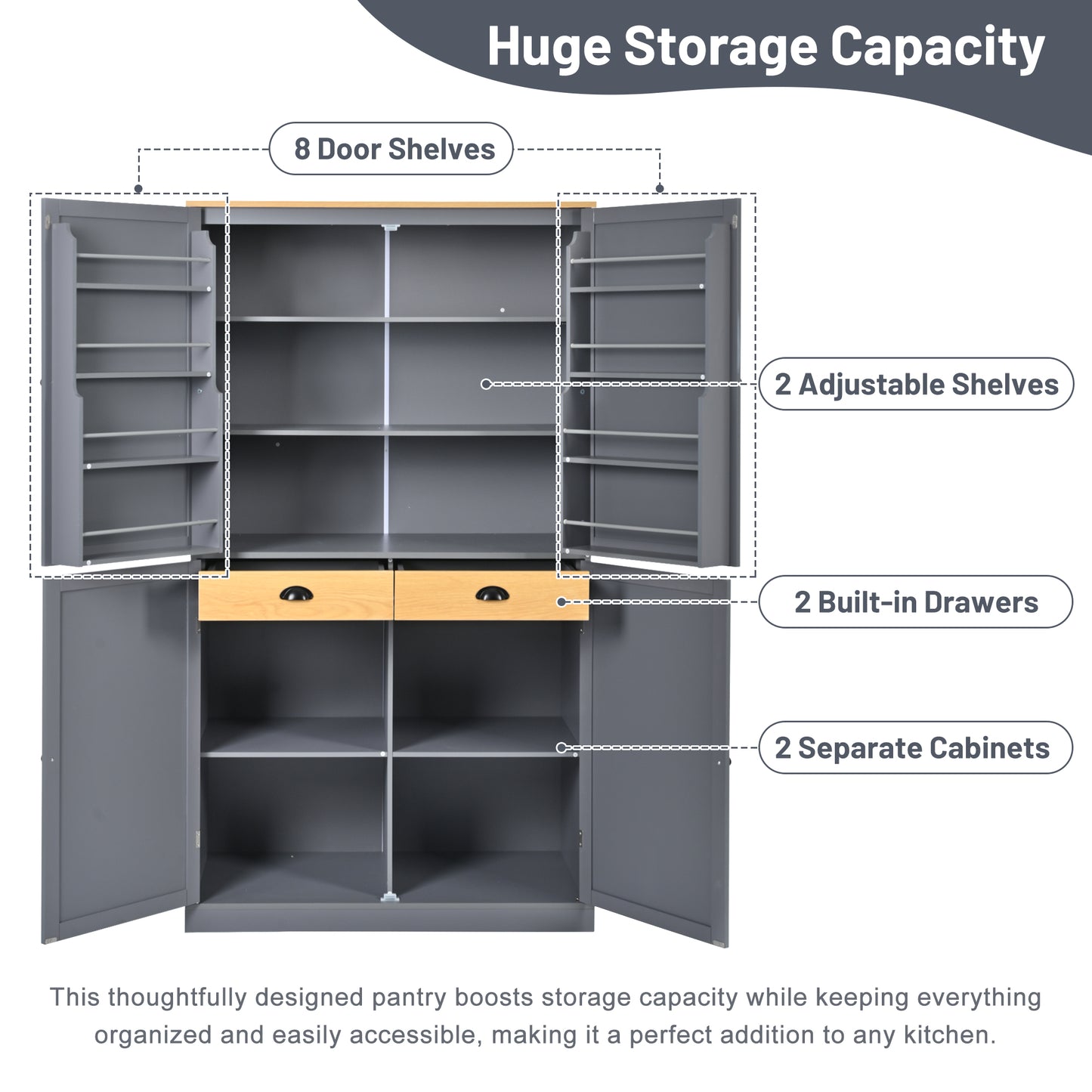 [Assembly Video Provided]TOPMAX 40.2x20x71.3inch High Freestanding Kitchen Pantry Large Cupboard Storage Cabinet with 2 Drawers, 2 Adjustable Shelves, 8 Door Shelves for Kitchen, Dining Room,Gray image 4