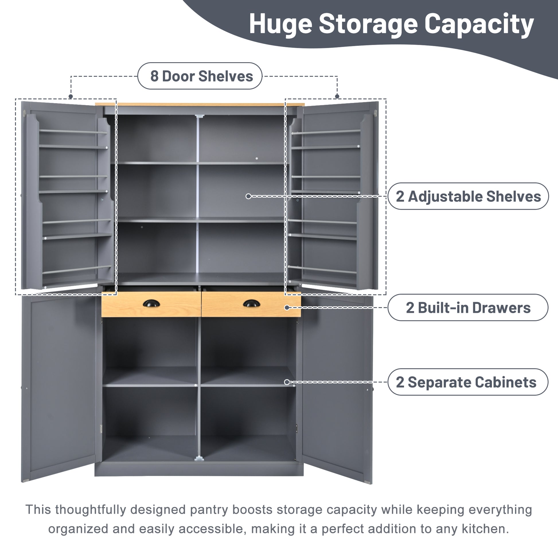 [Assembly Video Provided]TOPMAX 40.2x20x71.3inch High Freestanding Kitchen Pantry Large Cupboard Storage Cabinet with 2 Drawers, 2 Adjustable Shelves, 8 Door Shelves for Kitchen, Dining Room,Gray image 4