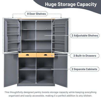 [Assembly Video Provided]TOPMAX 40.2x20x71.3inch High Freestanding Kitchen Pantry Large Cupboard Storage Cabinet with 2 Drawers, 2 Adjustable Shelves, 8 Door Shelves for Kitchen, Dining Room,Gray image 4