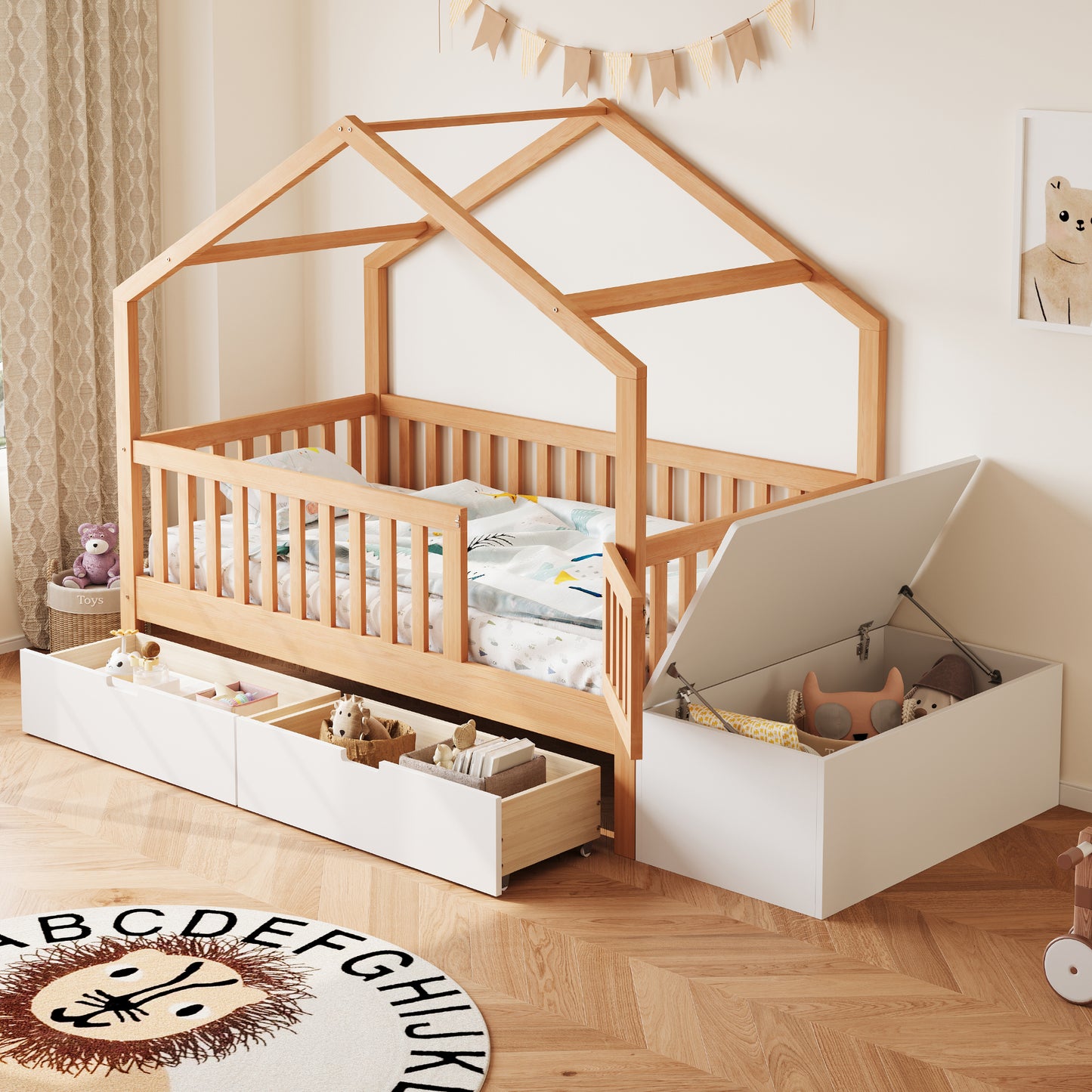Toddler Bed with Storage Drawers & Lift-Top Chest, Solid Wood Bed with Safety Railings & Gate, Playhouse Bed Frame for Kids, Compatible with standard US toddler mattresses, Natural Wood & White image 1
