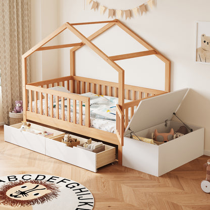 Toddler Bed with Storage Drawers & Lift-Top Chest, Solid Wood Bed with Safety Railings & Gate, Playhouse Bed Frame for Kids, Compatible with standard US toddler mattresses, Natural Wood & White image 1
