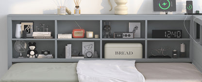 Wooden Full Size DayBed with Twin Size Trundle, DayBed with Storage Shelf and USB Charging Ports,Grey(Old SKU: HL000075AAE) image 2