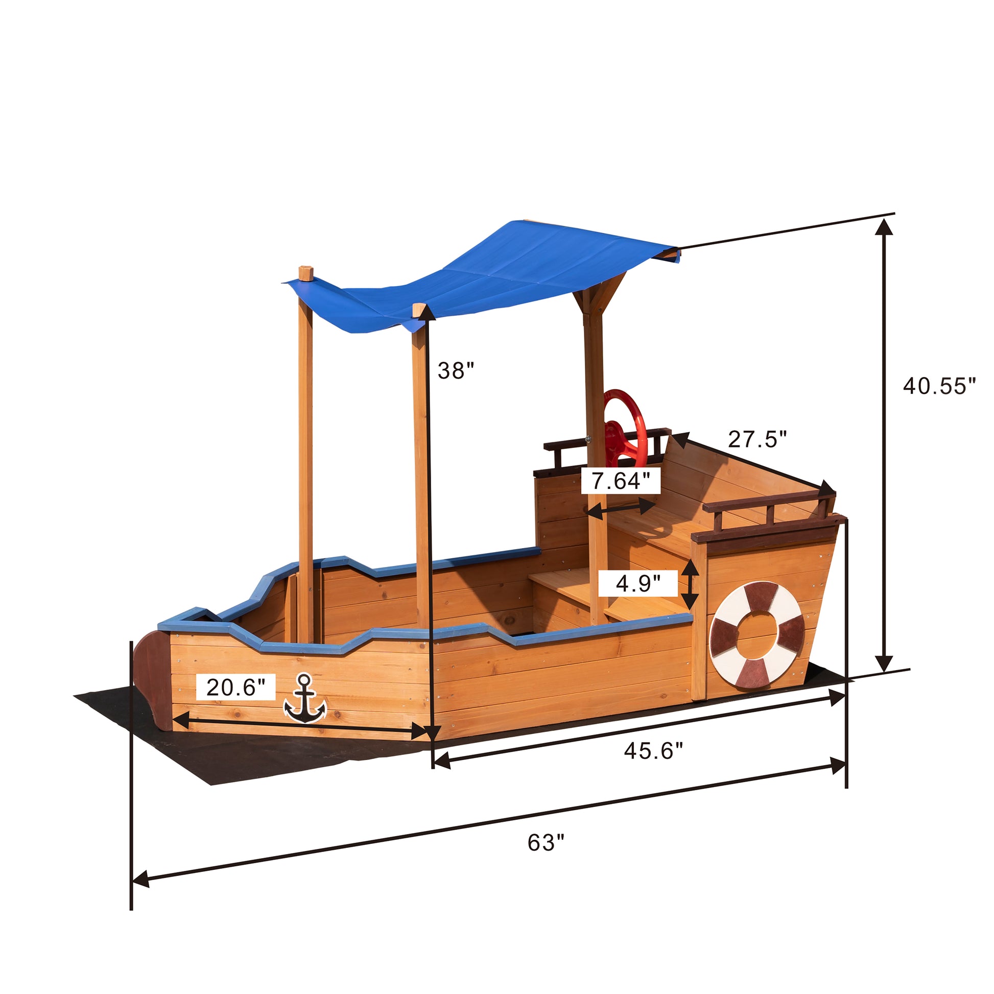 Out door sand box Pirate Ship Sandbox with Cover and Rudder, Wooden Sandbox with Storage Bench and Seat, Outdoor Toy for Kids Ages 3-8 Years Old image 2