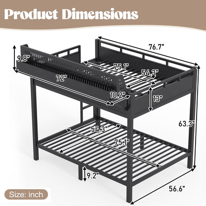 Full over Full Size Metal Bunk Bed with Storage Shelves and Pegboard, Bunk Bed Frame with USB Ports and LED Lights, Space-Saving, for Teens and Adults, Black image 8