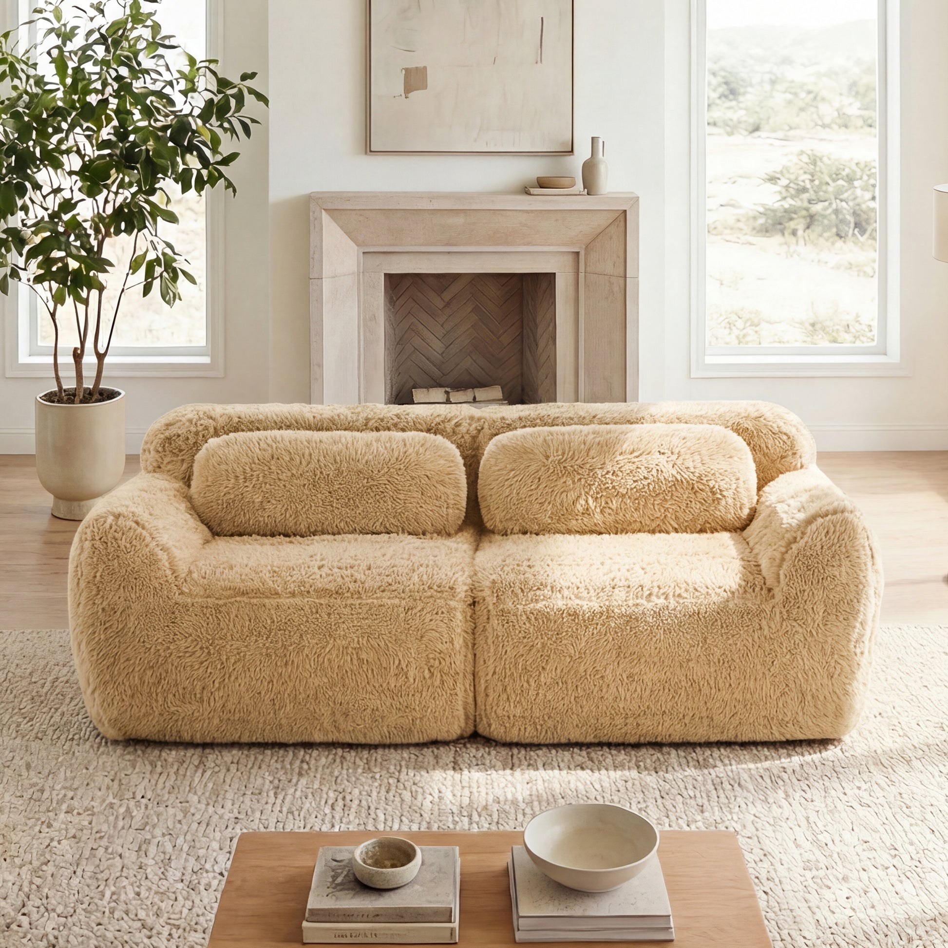 2-seater Modular Sectional Sofa Couches,Soft Fluffy Plush Fabric Bottom Anti-Slip Design,32D High Density Sponge,No Assembly Required Ergonomic Design,With Throw Pillows For Study,Light Khaki image 1