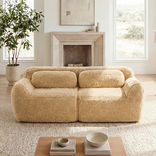 2-seater Modular Sectional Sofa Couches,Soft Fluffy Plush Fabric Bottom Anti-Slip Design,32D High Density Sponge,No Assembly Required Ergonomic Design,With Throw Pillows For Study,Light Khaki image 1